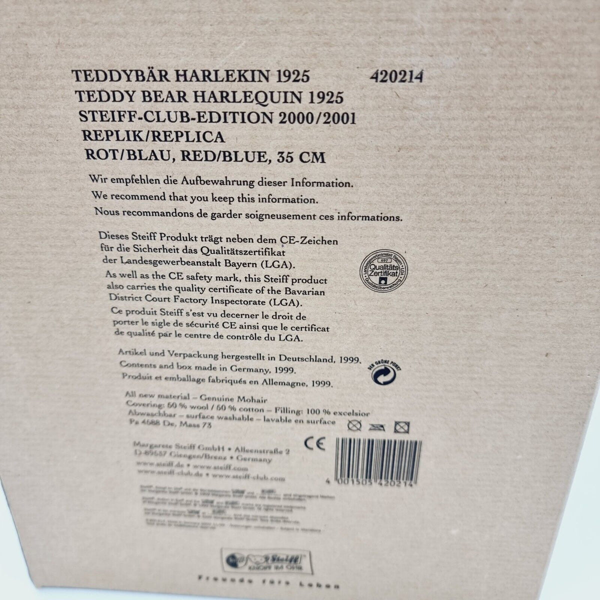 Steiff 420214 Teddybär Harlekin 35 cm Replika 1925 Club Edition 2000 / 2001