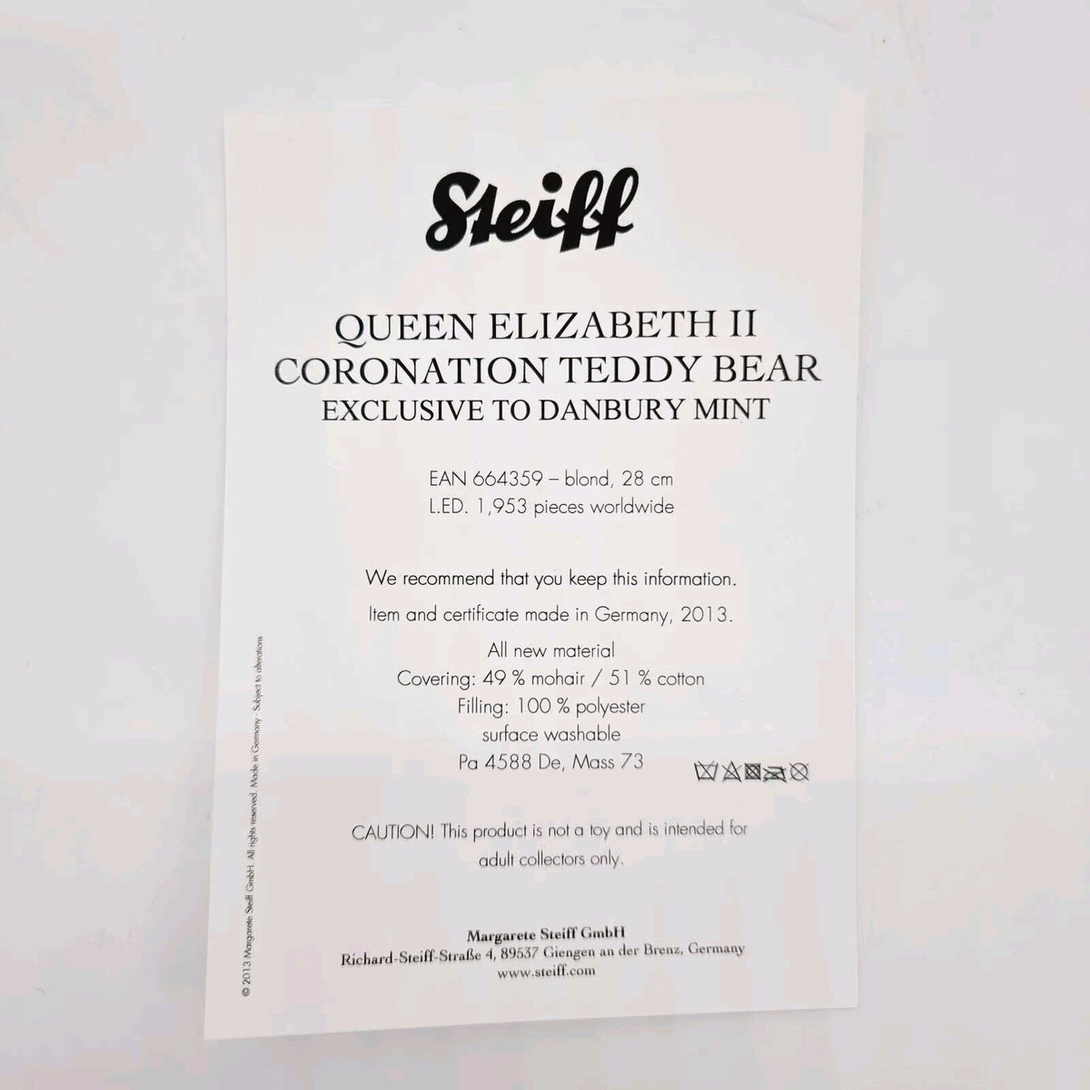 Steiff 664359 Danbury Mint Teddybär Queen Elizabeth II Coronation Bear 28 cm