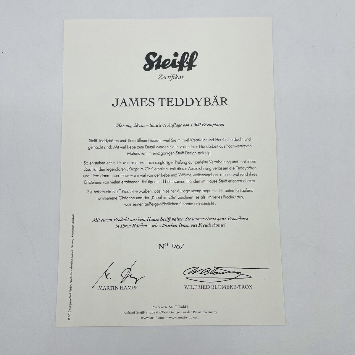 Steiff James Teddybär 036675 limitiert 1500 aus 2010 28cm Mohair