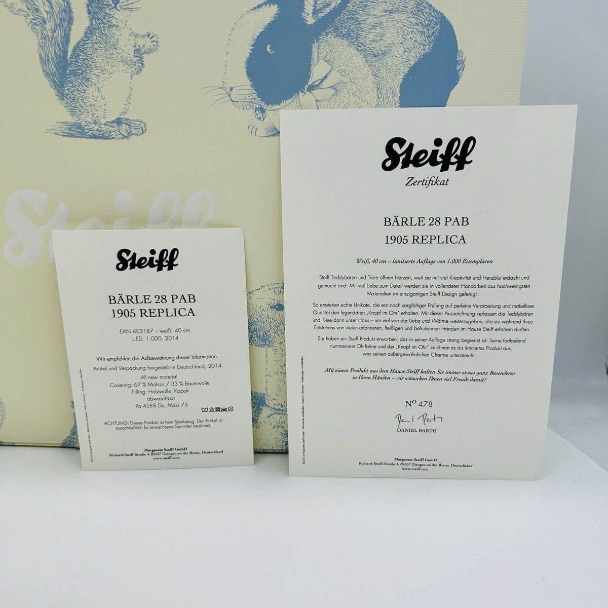 Steiff 403187 Teddybär Bärle 28 PAB 1905 Replica limitiert 1000 40 cm Mohair