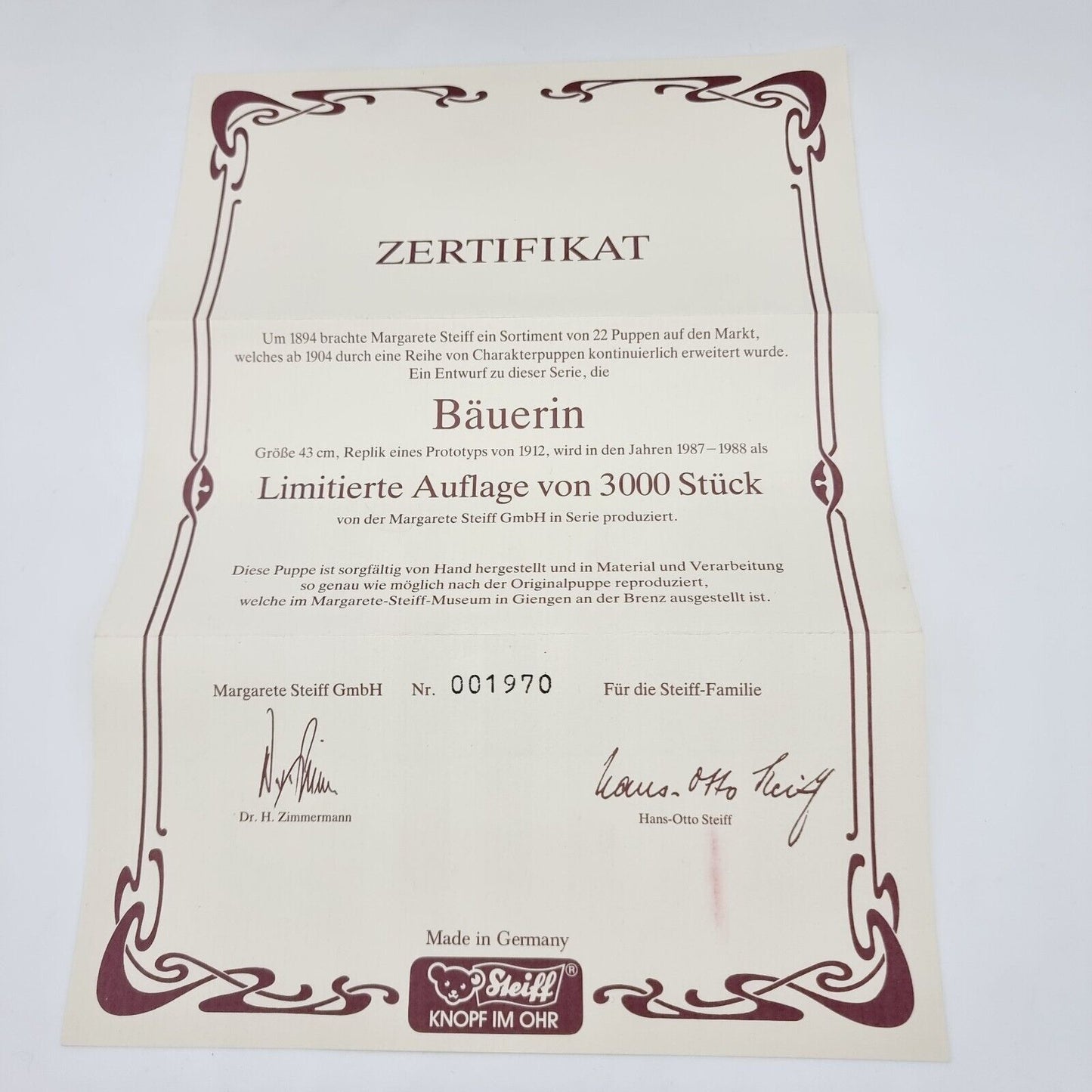 Steiff 9110/43 Filzpuppe Bäuerin Replica 1912 limitiert 3000 aus 1987 43 cm