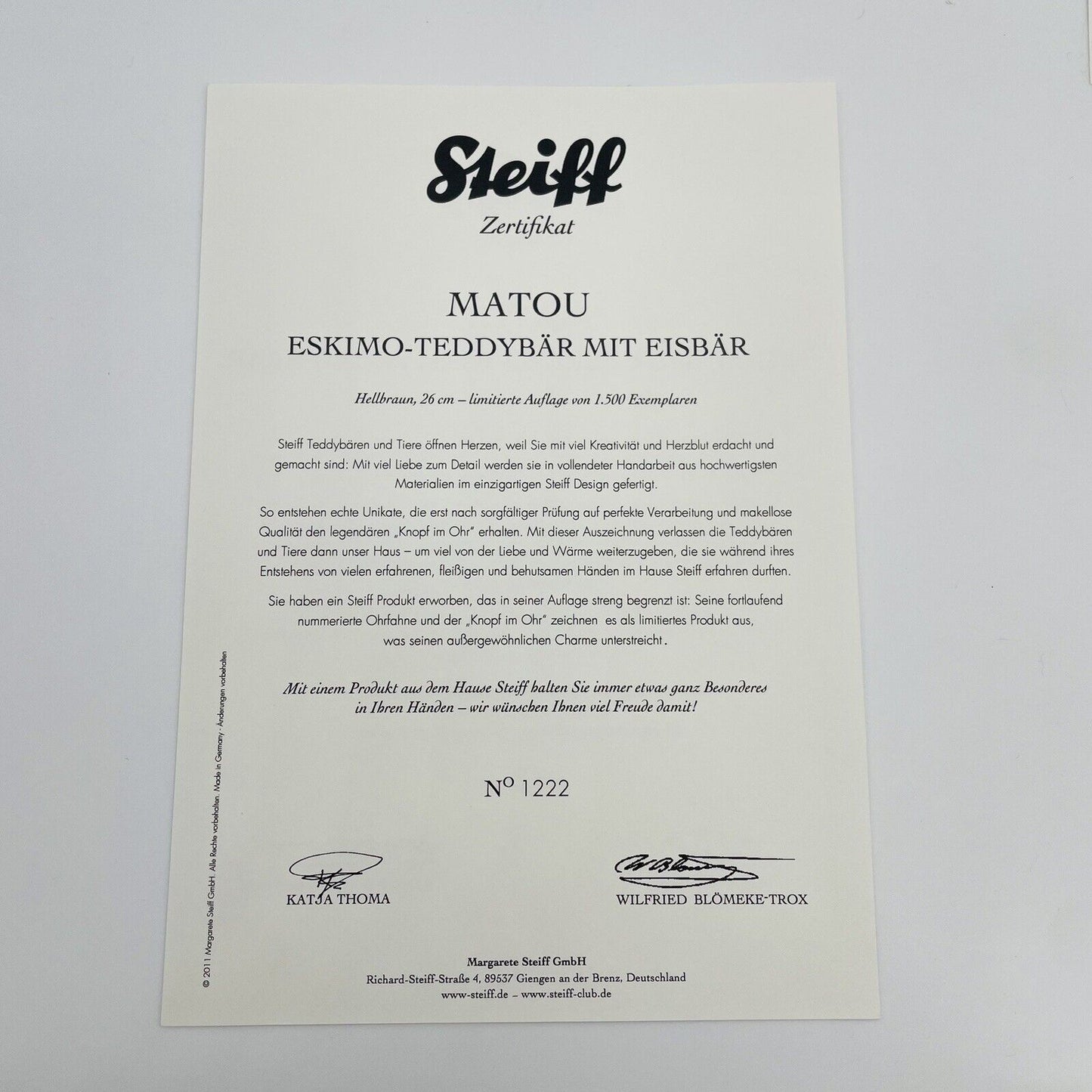 Steiff Teddybär Matou Eskimo mit Eisbär 036019 limitiert 1500 aus 2011 26cm