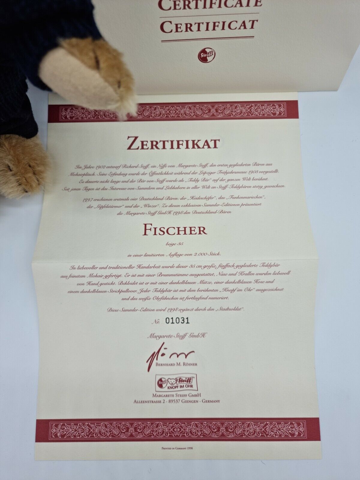 Steiff Teddybär Deutschland-Bär 1998 Fischer 670114 Beige 35 cm limitiert OVP