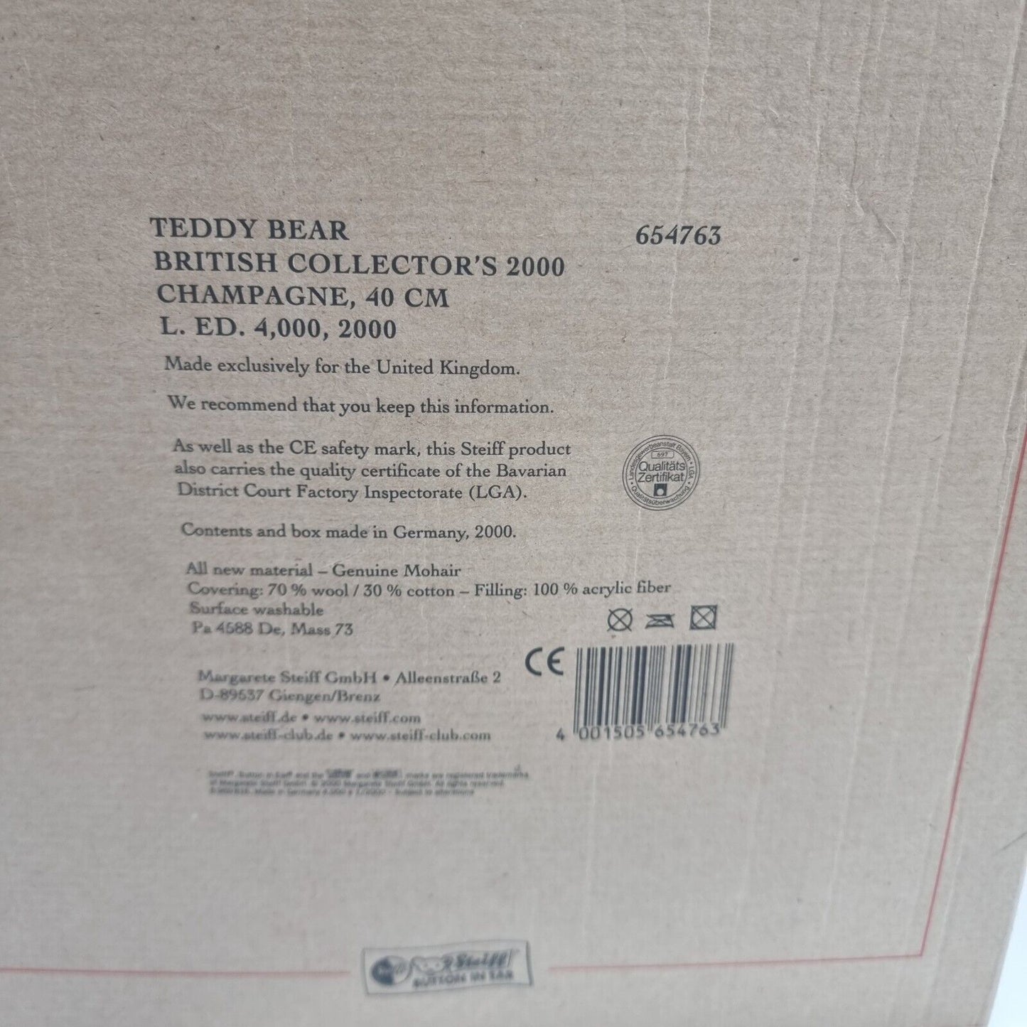 Steiff 654763 Teddybär British Collectors 35 cm Jahr 2000 limitiert 4000