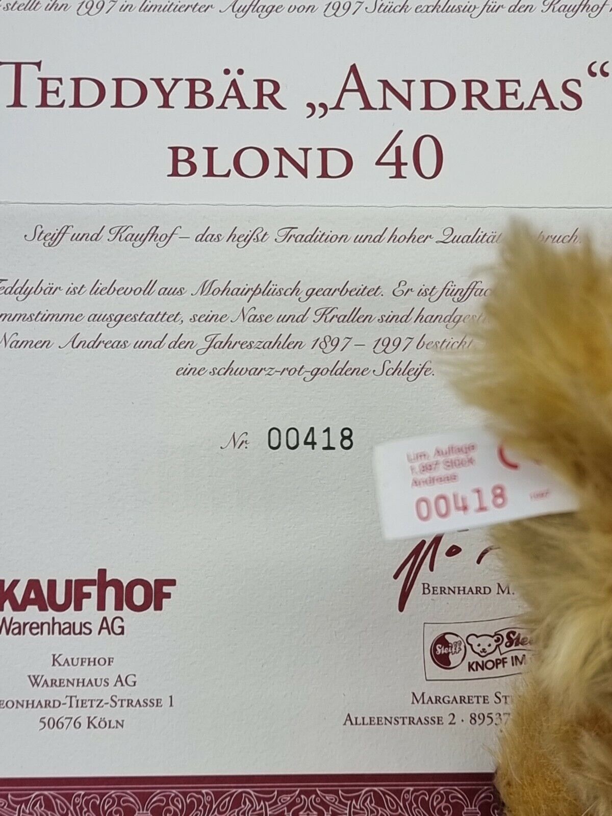 Steiff Teddybär Andreas 40 cm 655302 Zertifikat 1997 OVP Mohair Brummstimme