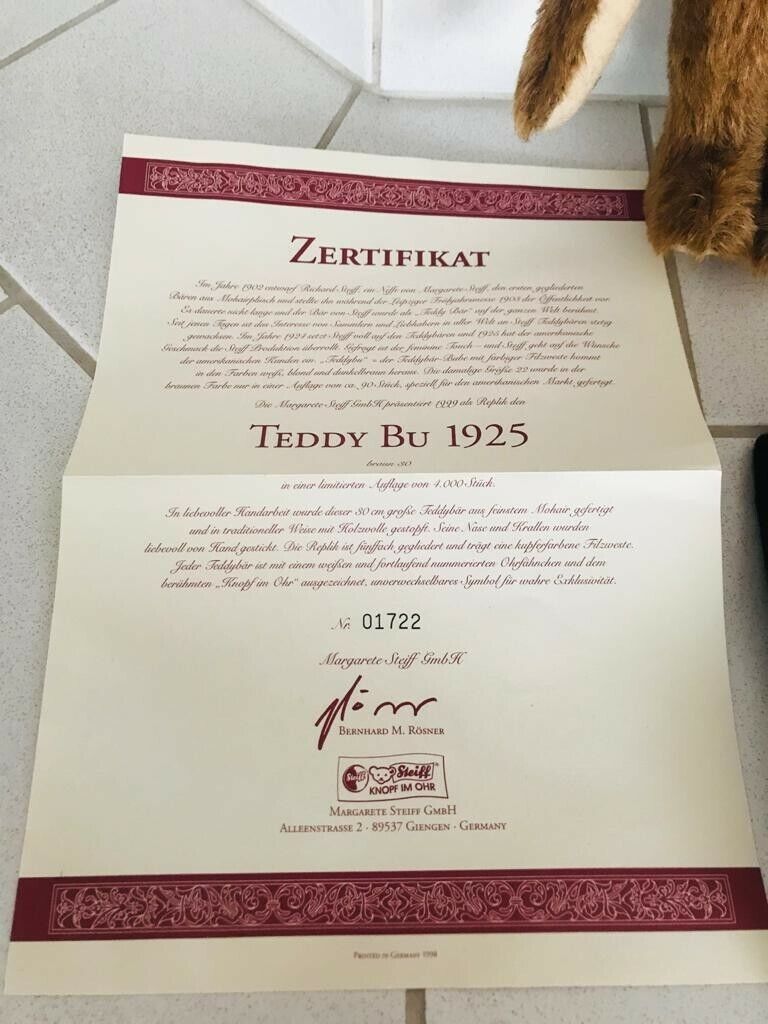 Steiff Teddybär BU 30 1925, 28 cm Replica 407185 mit Zertifikat