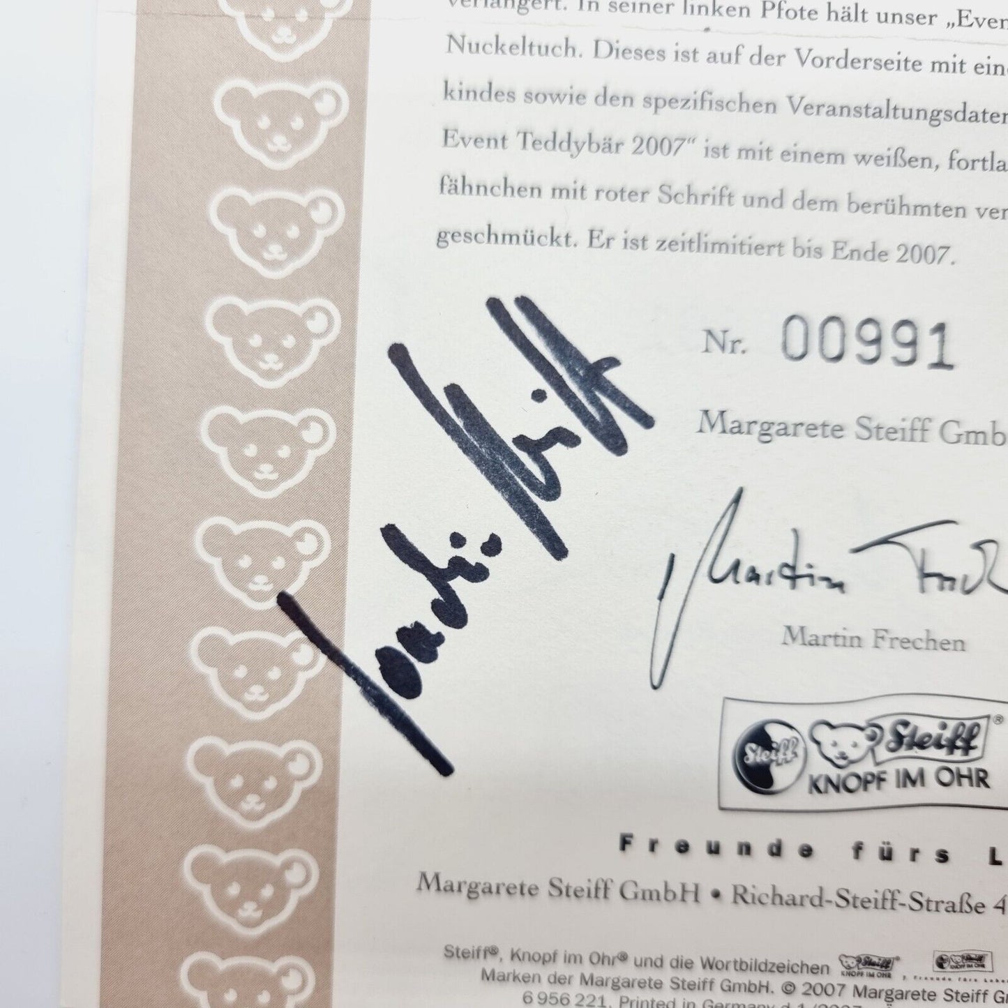 Steiff 420719 Teddybär Steiff Club 2007 13 cm Galeria mit Unterschrift 2007