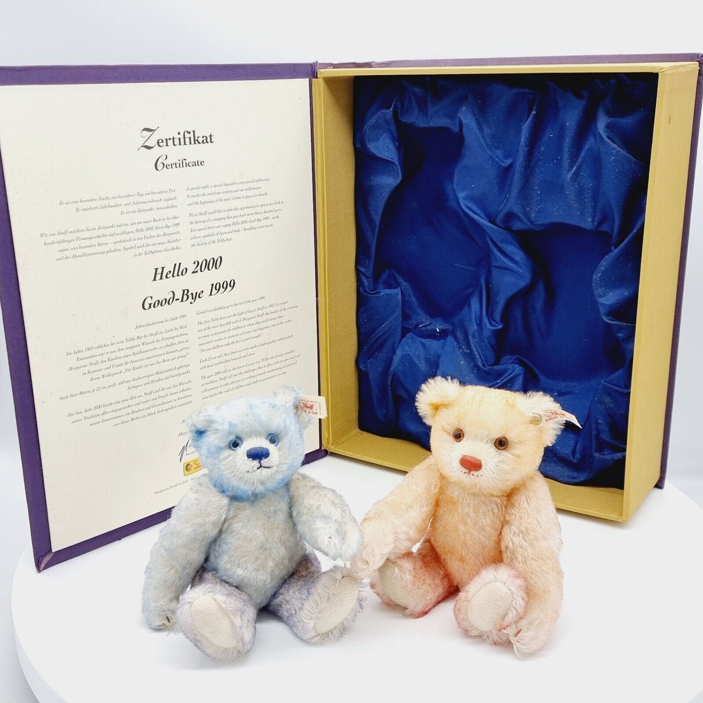 Steiff Teddybären Set Hello 2000 Good-Bye 1999 670367 22cm Mohair