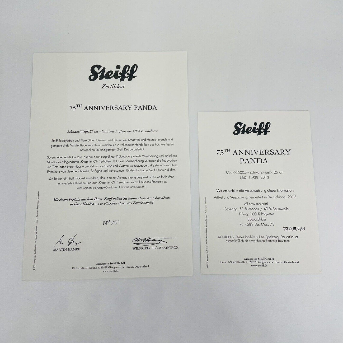 Steiff Panda 75th Anniversary 035005 limitiert 1938 aus 2013 25cm Mohair
