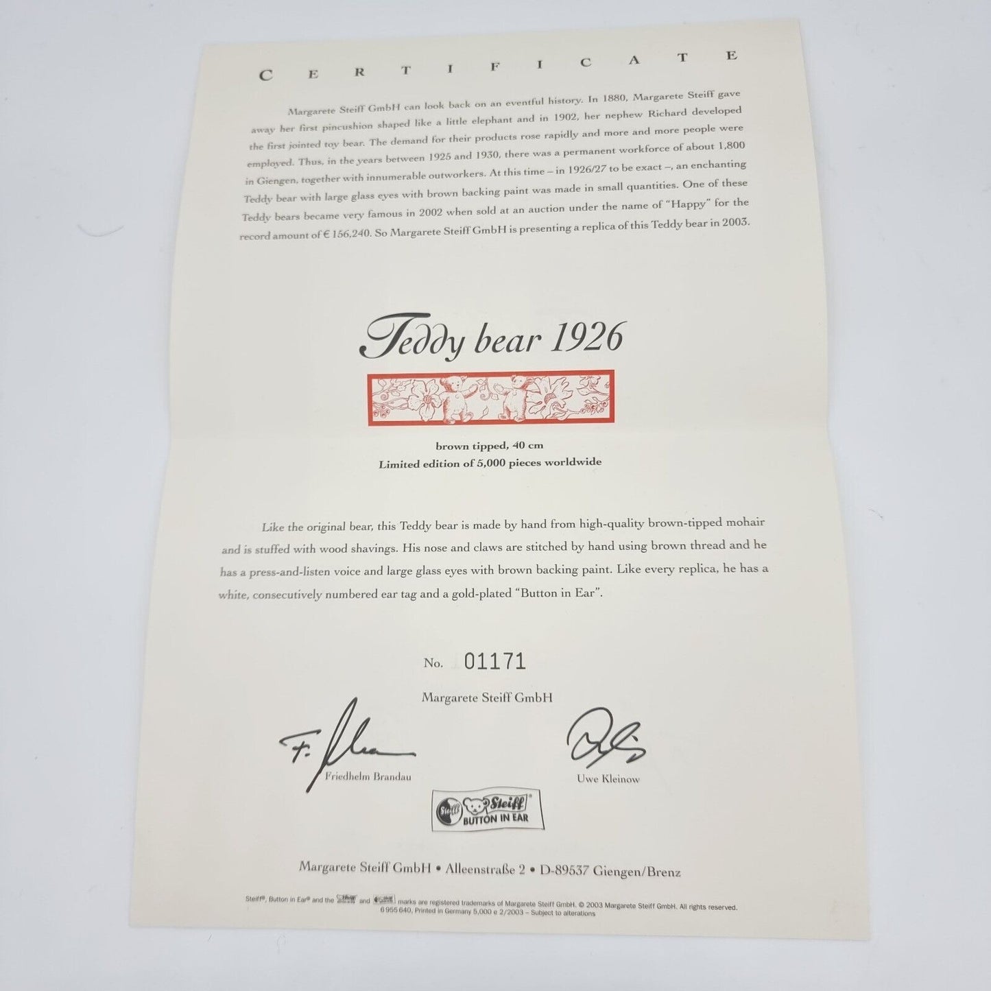 Steiff 407246 Teddybär 1926 limitiert 5000 braun gespitzt 40 cm Jahr 2003