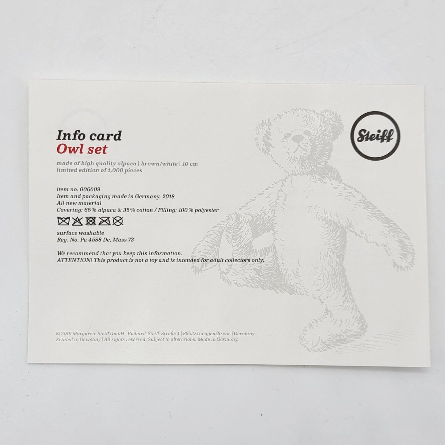 Steiff 006609 Eulenset limitiert 1000 aus 2019 10 cm Alpaca