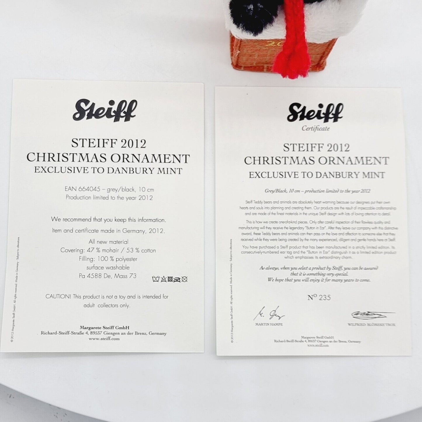 Steiff 664045 Weihnachtsornament 10 cm exklusiv für Danbury Mint 2012