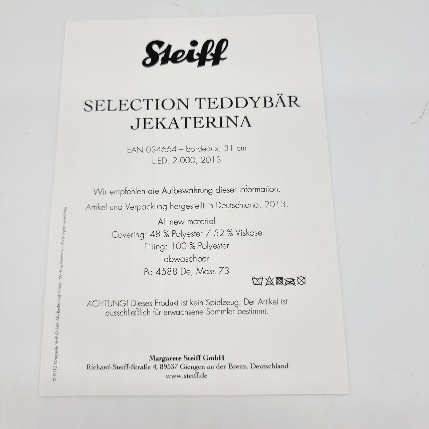 Steiff 034664 Selection Teddybär Jekaterina limitiert 2000 aus 2013 31 cm