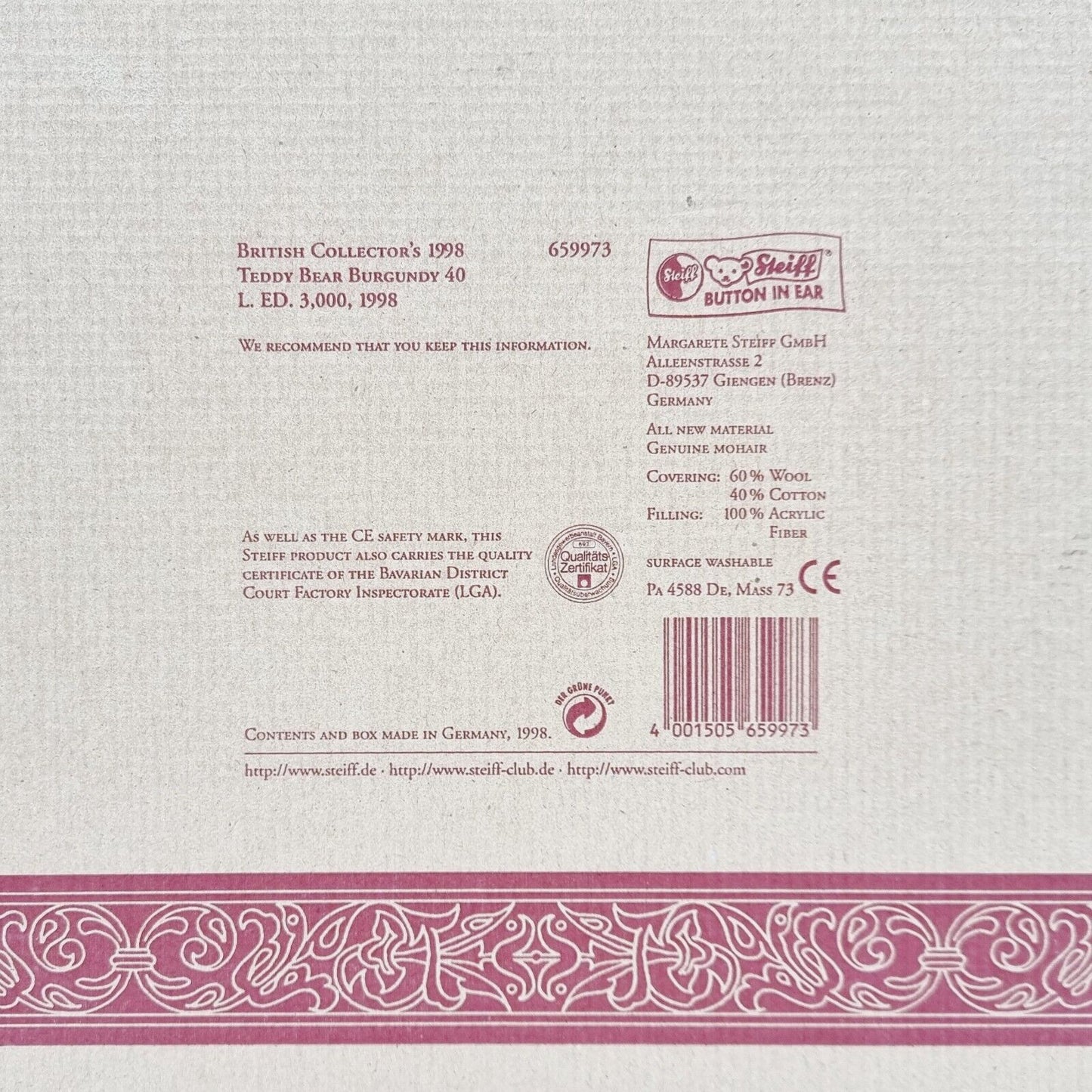 Steiff Teddybär Burgundy 40 cm 659973 British Collectors 1998 limitiert 3000