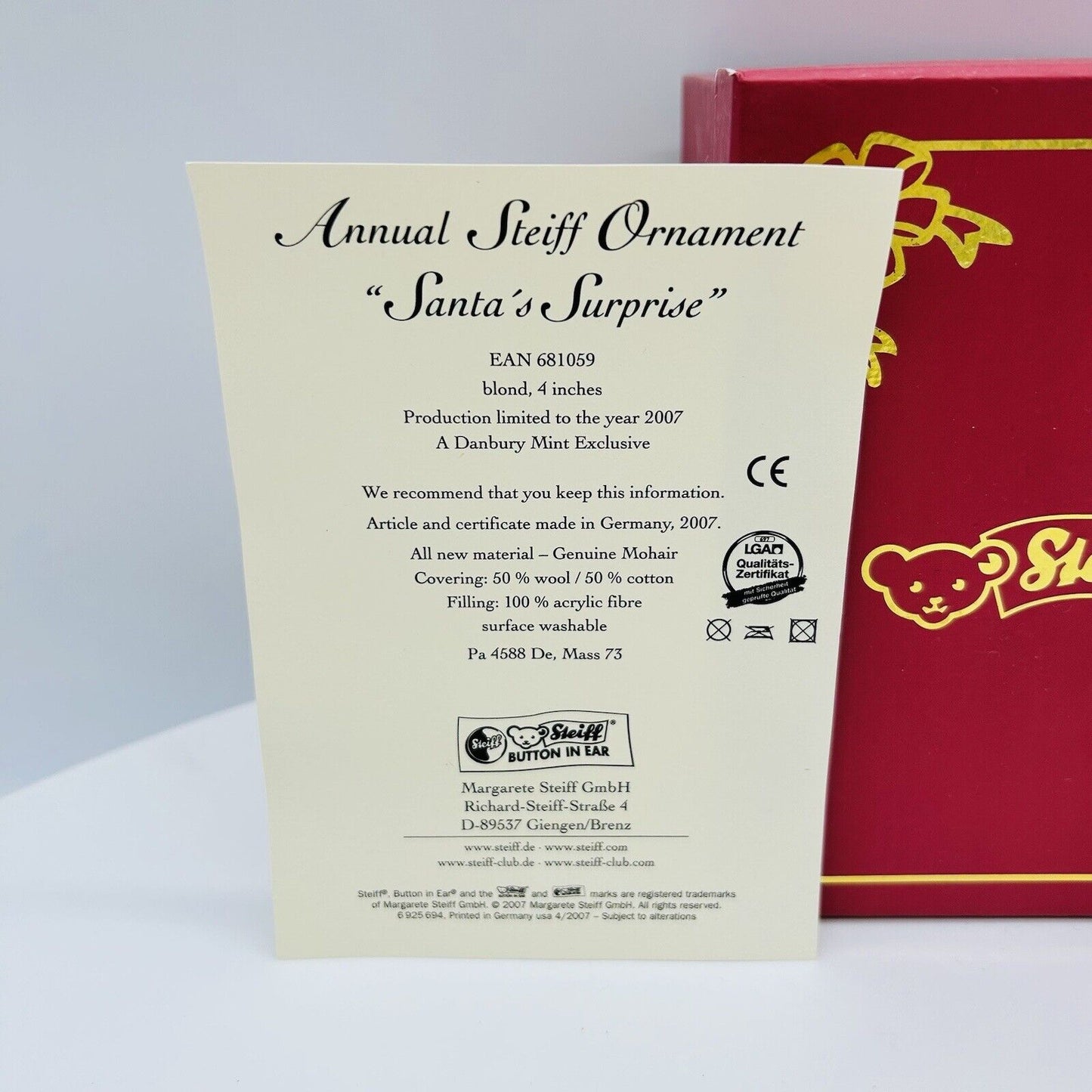 Steiff Danbury Mint 681059 Ornament Teddybär im Strumpf aus 2007 10 cm Mohair