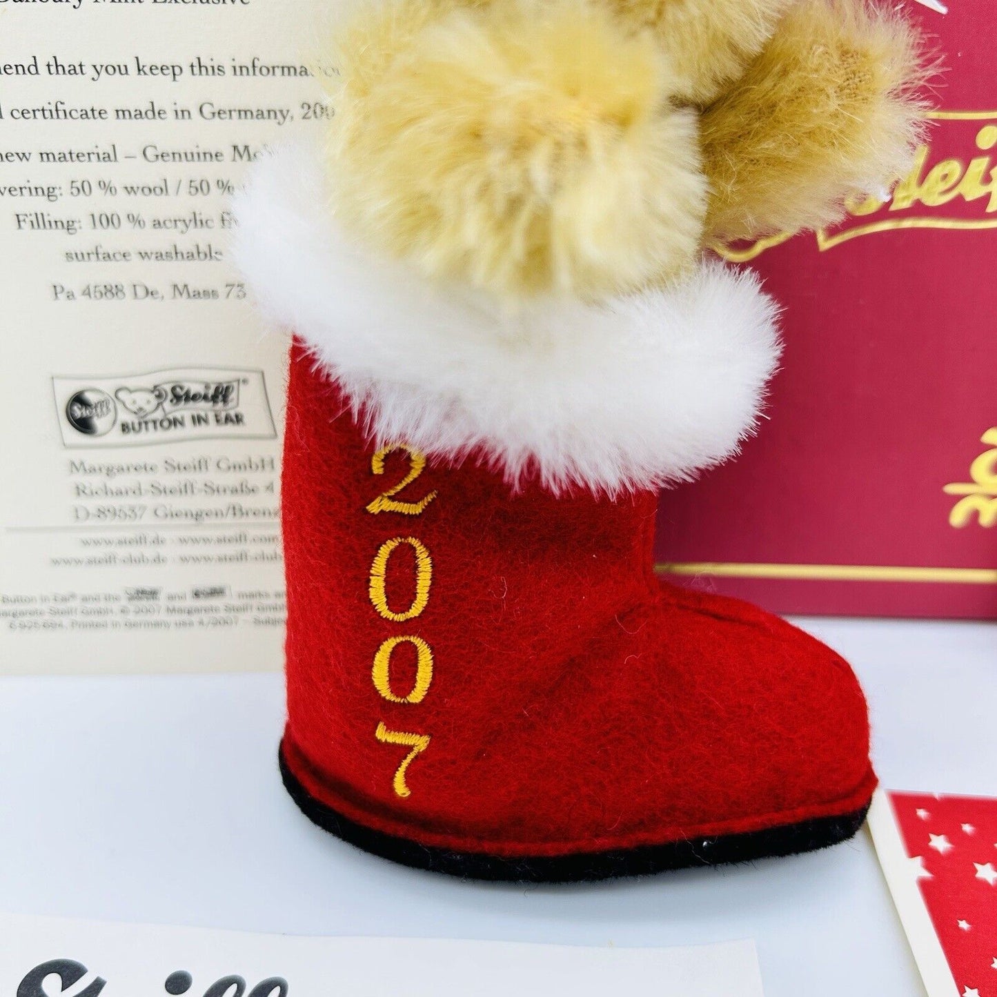 Steiff Danbury Mint 681059 Ornament Teddybär im Strumpf aus 2007 10 cm Mohair