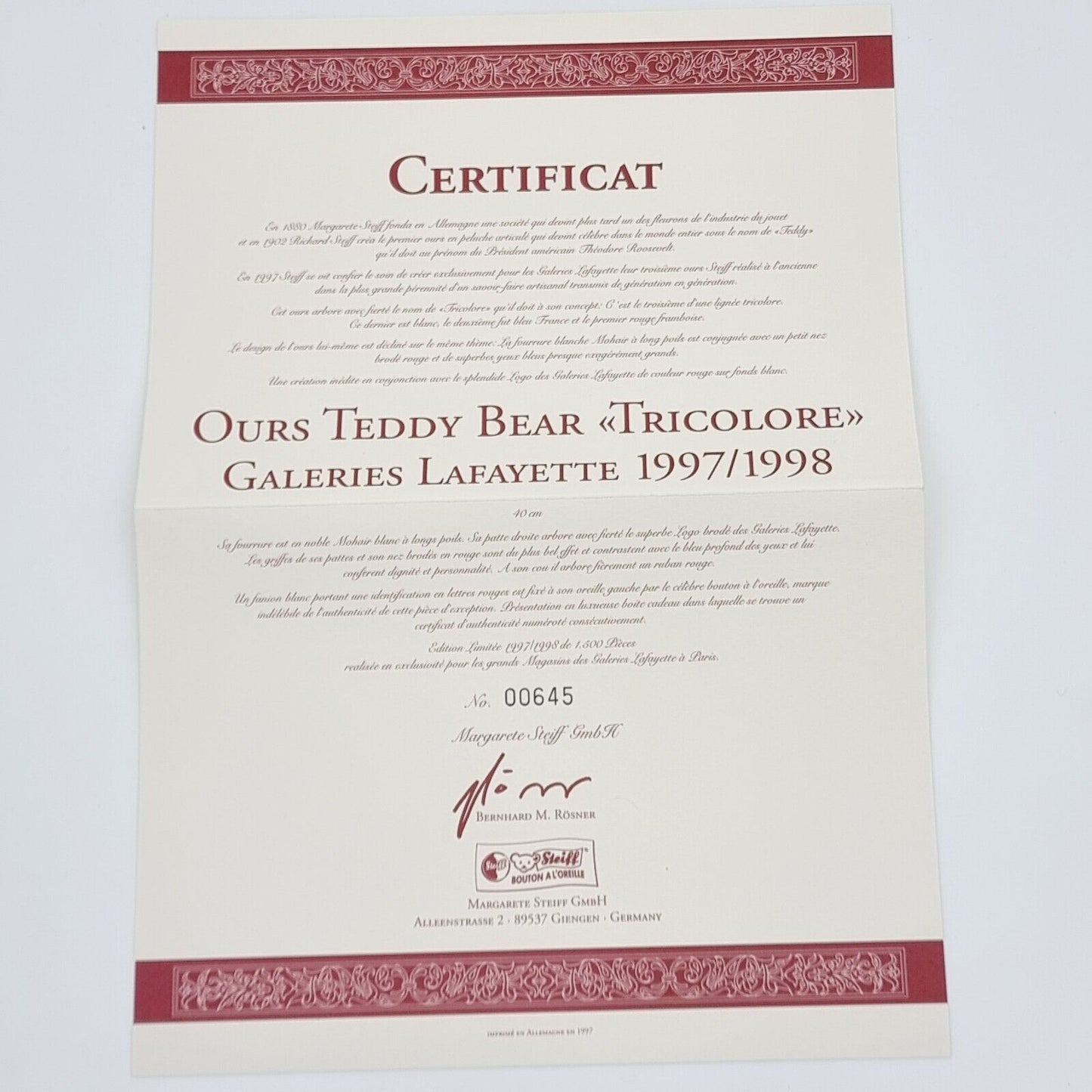 Steiff Ours Tricolore 657986 limitiert 1500 Teddybär weiß 1997 / 1998