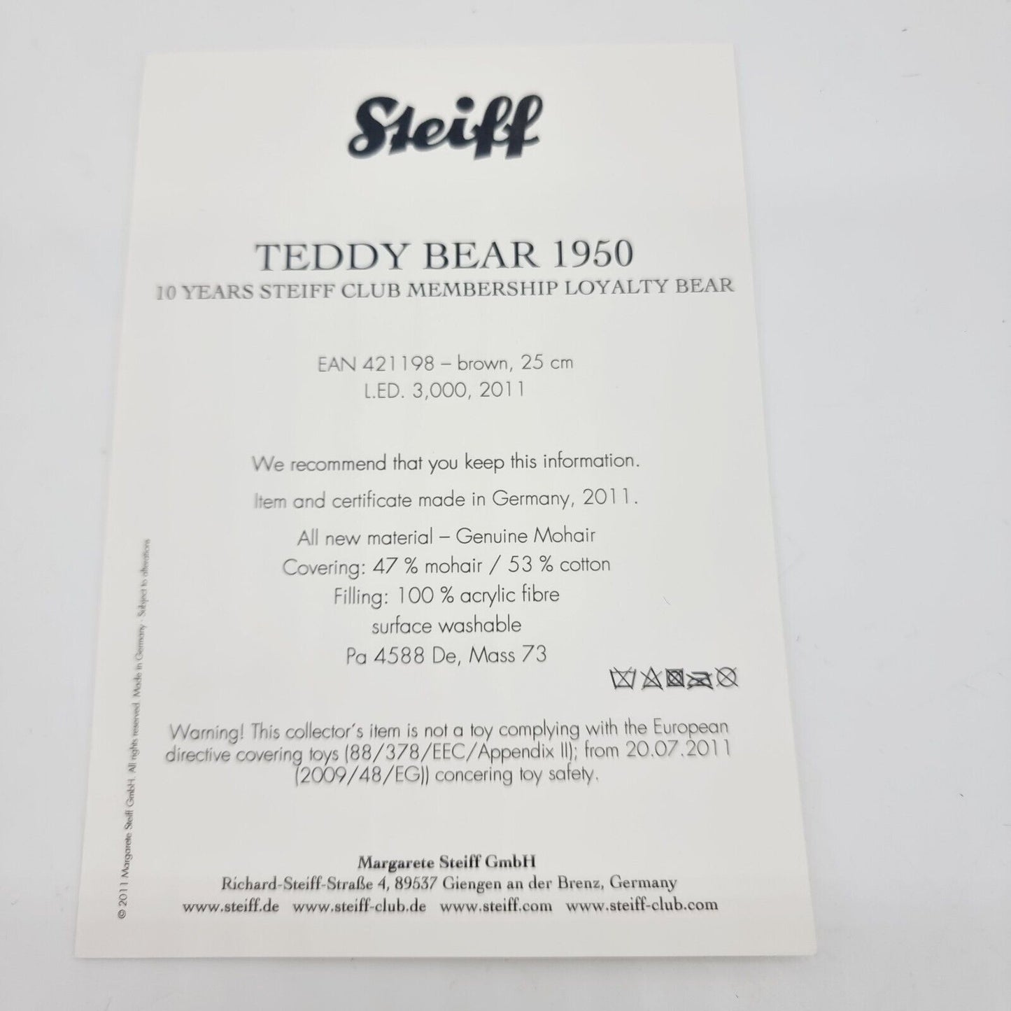 Steiff 421198 Teddybär 1950 Treuebär 25 cm limitierte Auflage von 3000 Stück