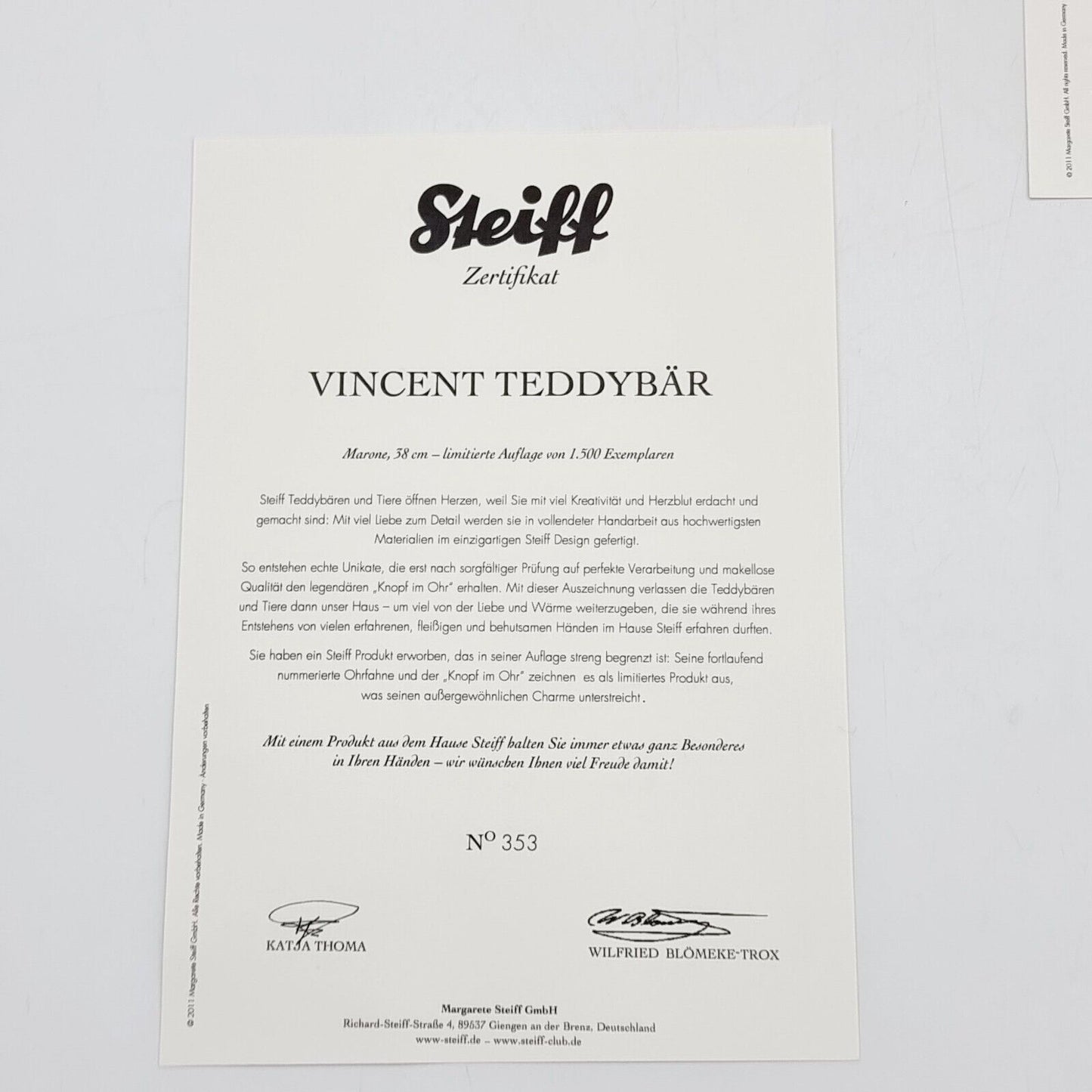 Steiff Teddybär Vincent 035383 limitiert 1500 aus 2011 38cm Mohair