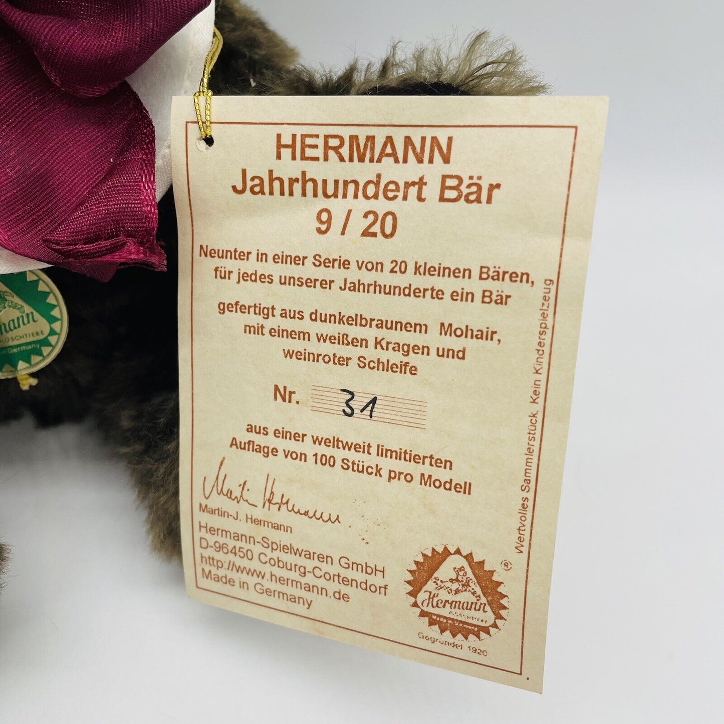 Hermann Coburg Jahrhundertbär 9/20 limitiert auf 100 Mohair