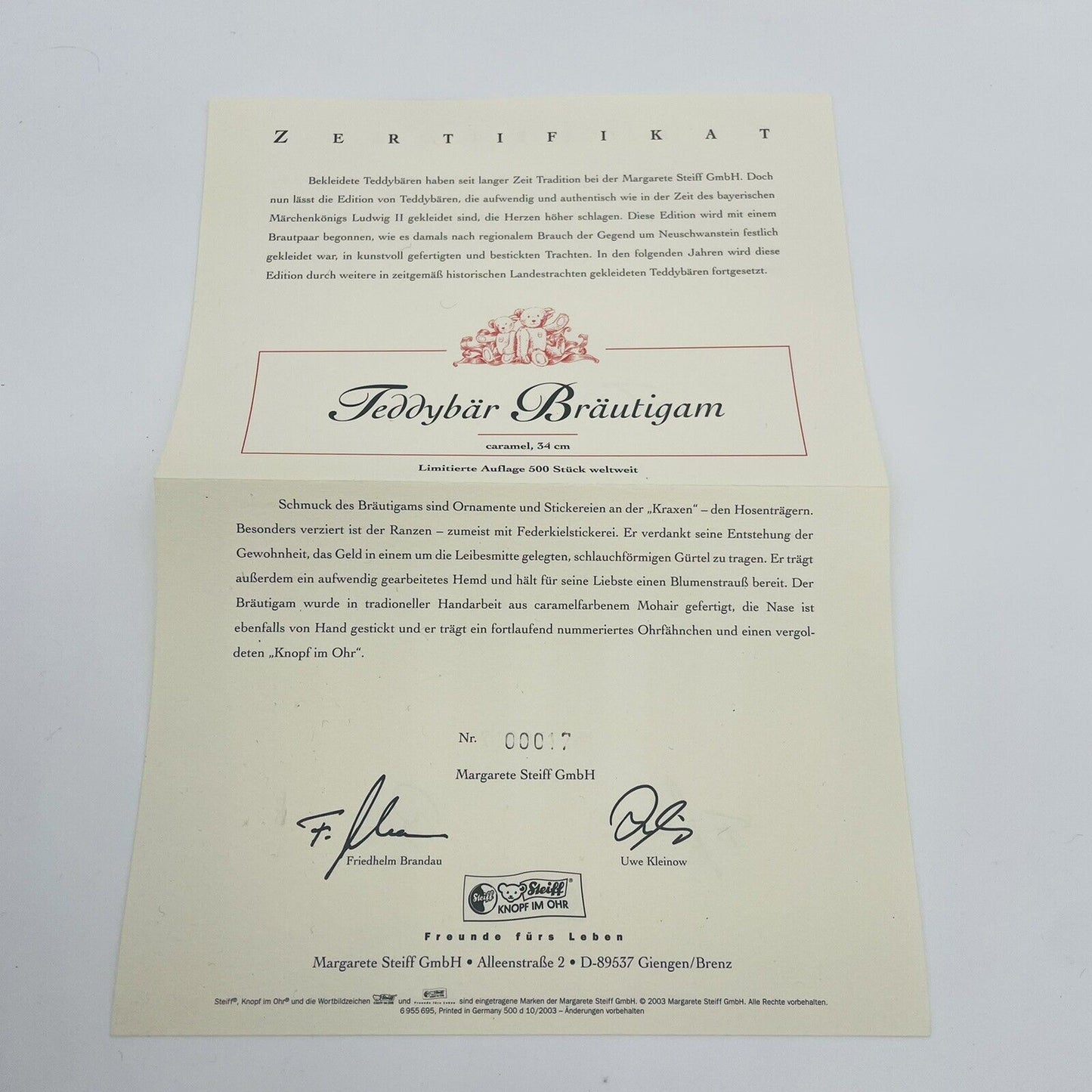 Steiff Bräutigam 038020 aus der Hochzeitsgesellschaft limitiert 500 Nr 17 34cm