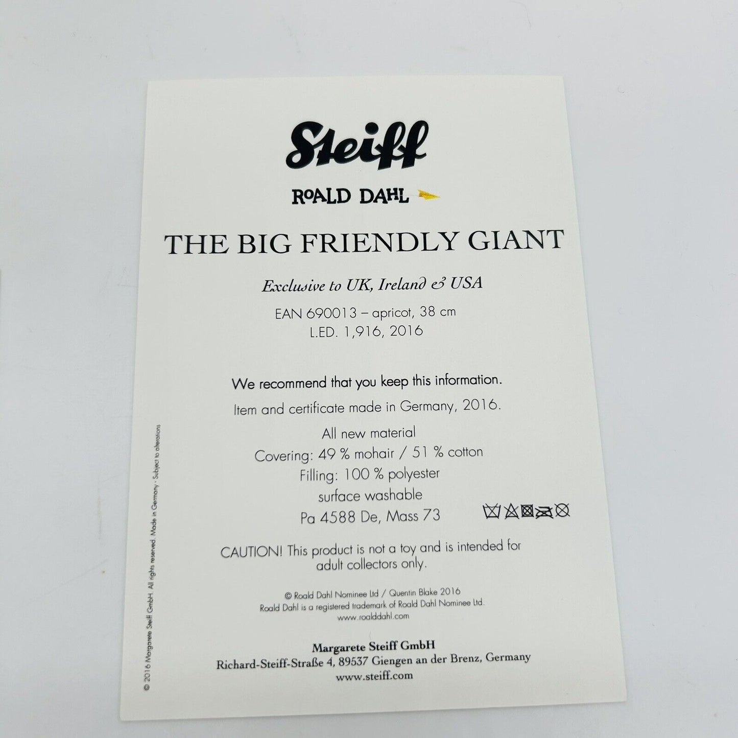 Steiff Roald Dahl 690013 Teddybär The Big Friendly Giant 38 cm Mohair