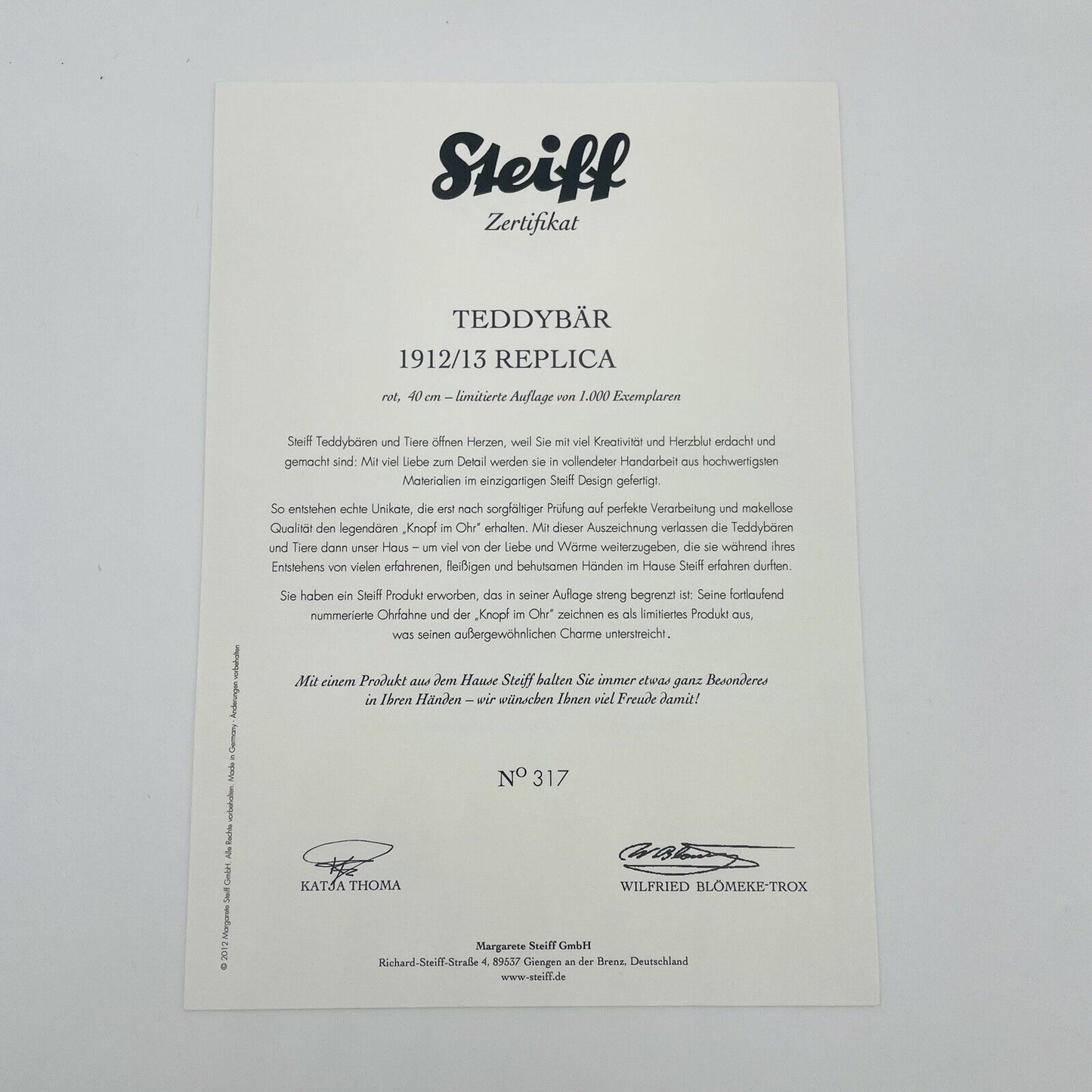 Steiff Teddybär 1912/13 Replica 408793 limitiert 1000 aus 2012 40cm rotes Mohair