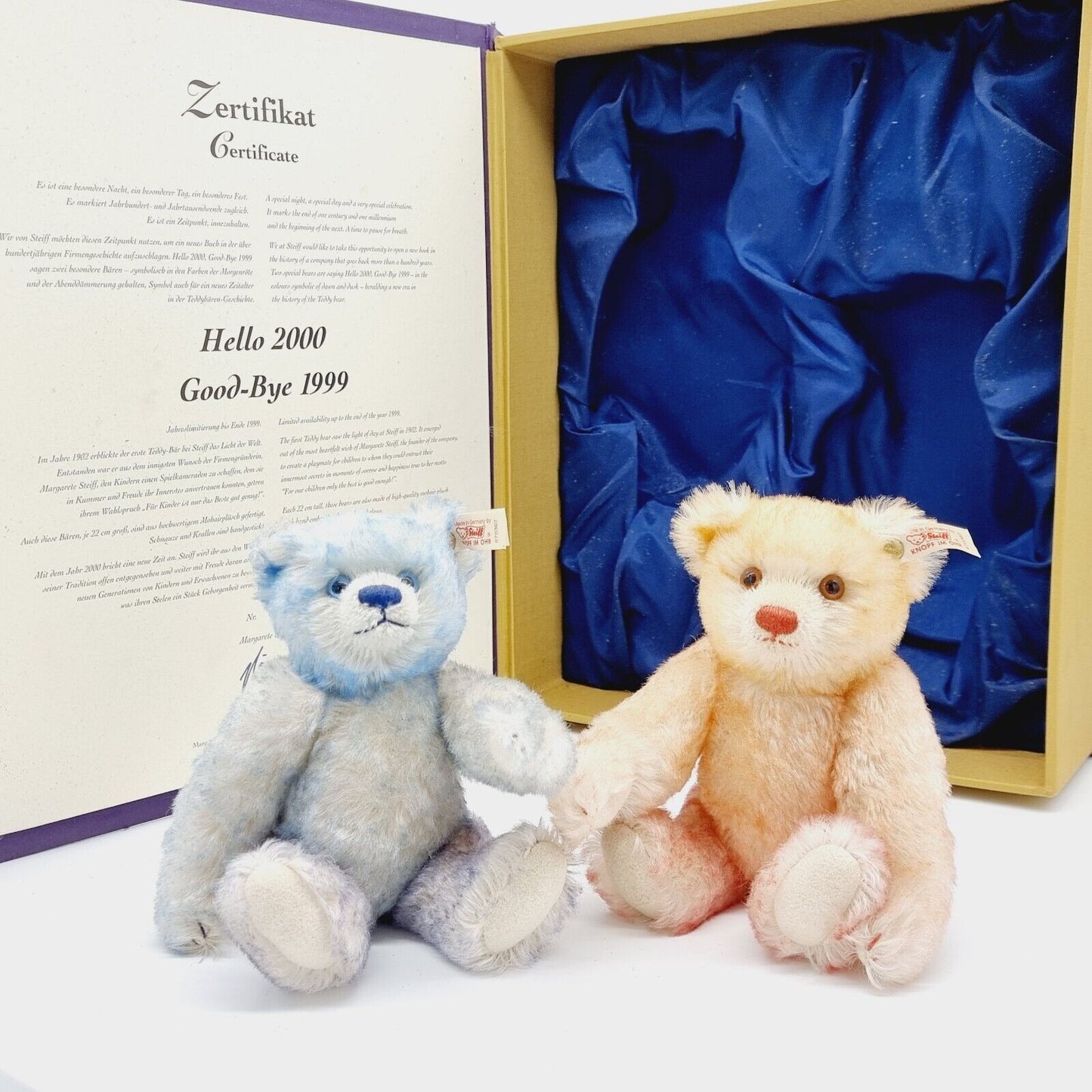 Steiff Teddybären Set Hello 2000 Good-Bye 1999 670367 22cm Mohair