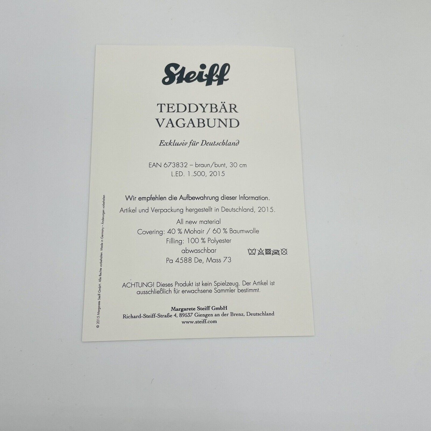 Steiff Teddybär Vagabund 673832 limitiert 1500 aus 2015 30cm Mohair