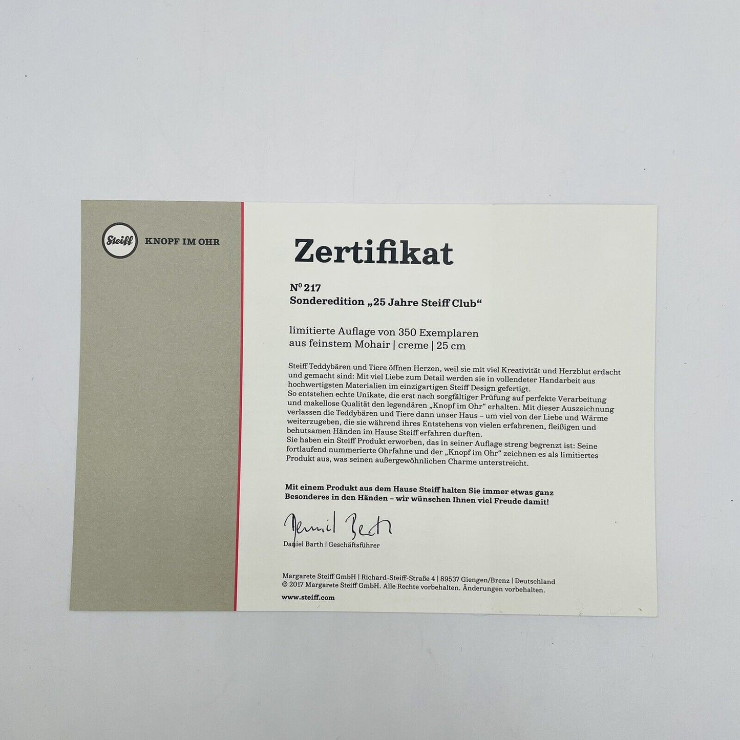 Steiff 25 Jahre Steiff Club 421495 Teddybär 1992-2017 25cm limitiert 350