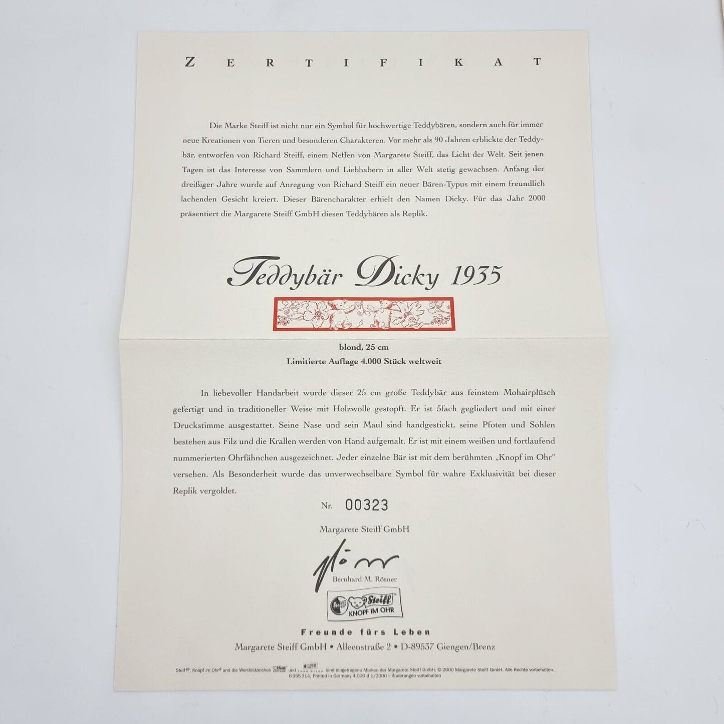 Steiff 407581 Teddybär Dicky 1935 Replica limitiert 4000 aus 2000 25cm
