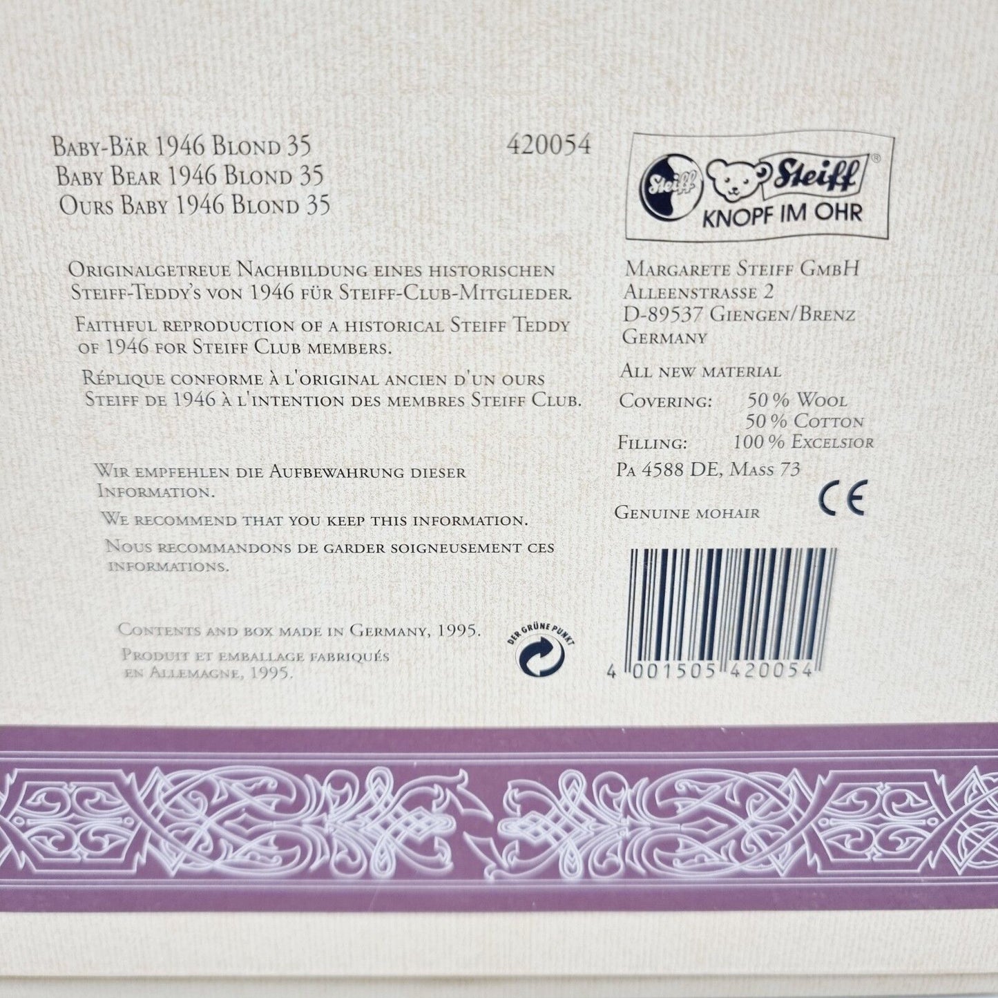 Steiff 420054 Club Edition Baby Bär blond 35cm 1995 limitierte Auflage