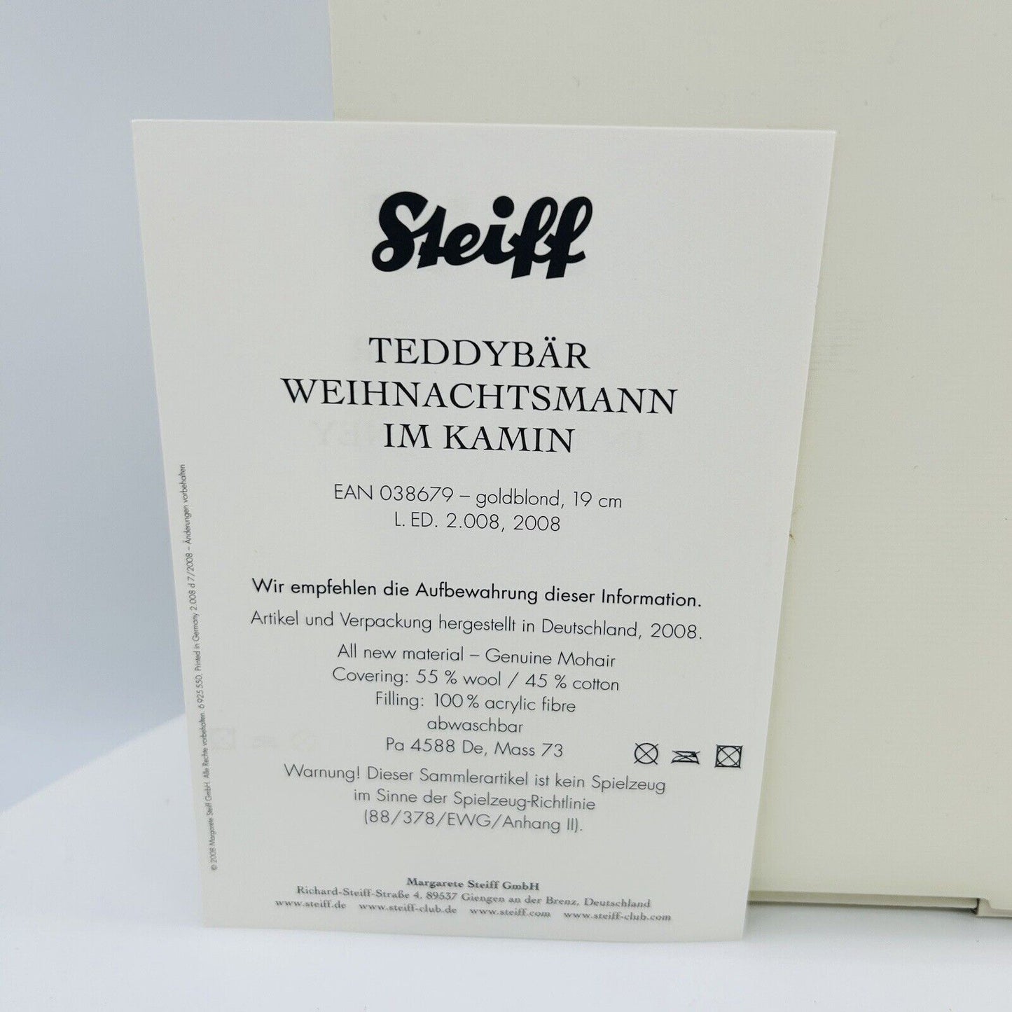 Steiff 038679 Teddybär Weihnachtsmann mit Kamin limitiert 2008 19 cm Mohair