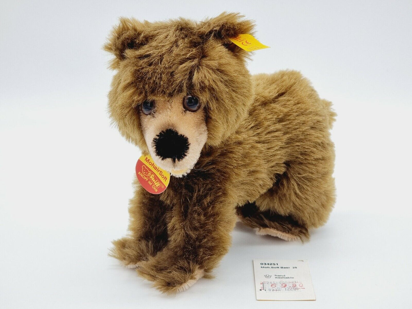 Steiff Tier Braunbär KFS 034251 Etikett 19 cm Mohair Soft Tierwelt Knopf Fahne