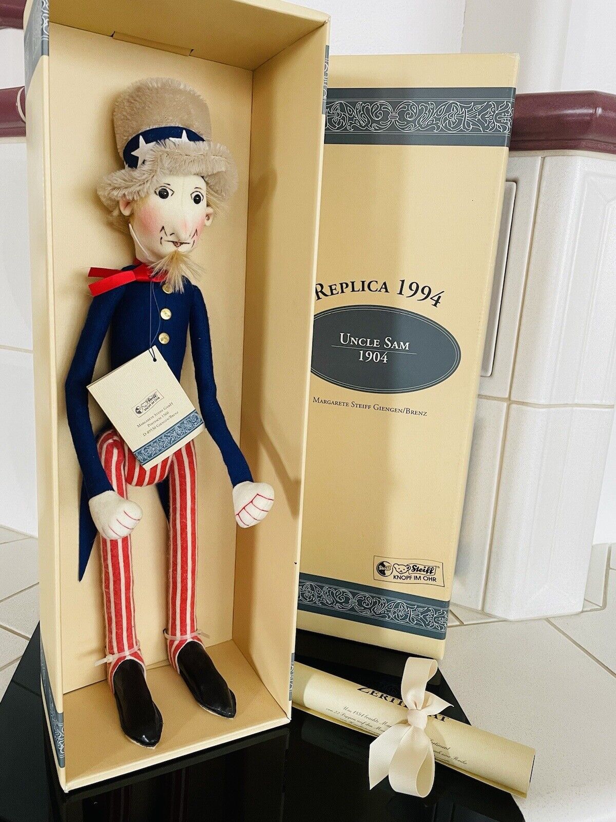 Steiff Uncle Sam Filzpuppe 1994 Handbemalt Leder Auflage 1.000 Stück 411601