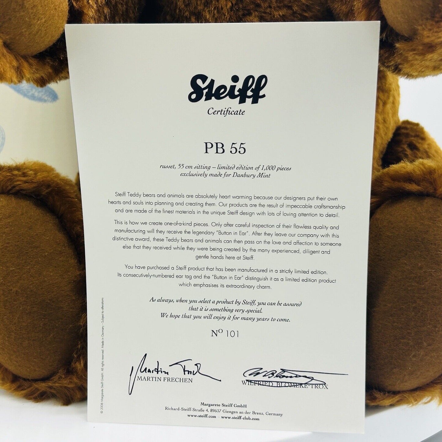Nr. 101! Steiff Danbury Mint 663123 Teddybär PB 55 Re-Edition limitiert 1000