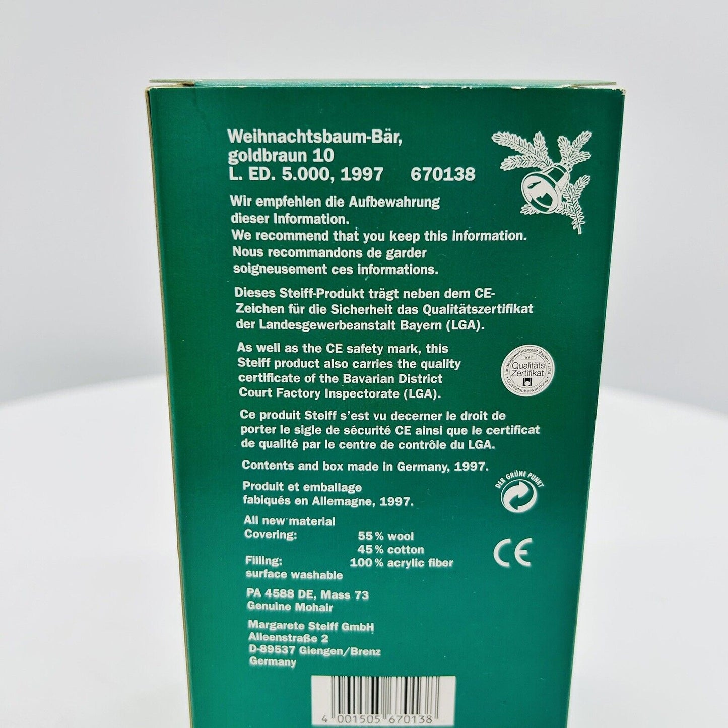 Steiff 670138 Ornament Weihnachtsbaumbär im Stiefel limitiert 5000 aus 1997 10cm