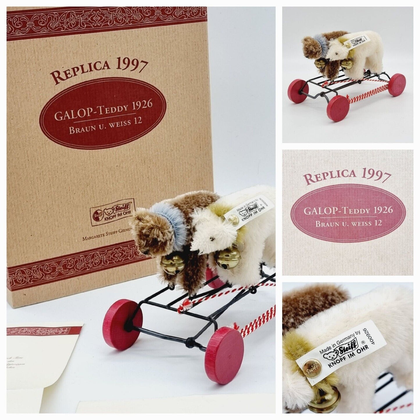 Steiff Galopp Teddy 1926 Replica - Nr. 400926 2 Teddys Zuggespann Zertifikat OVP