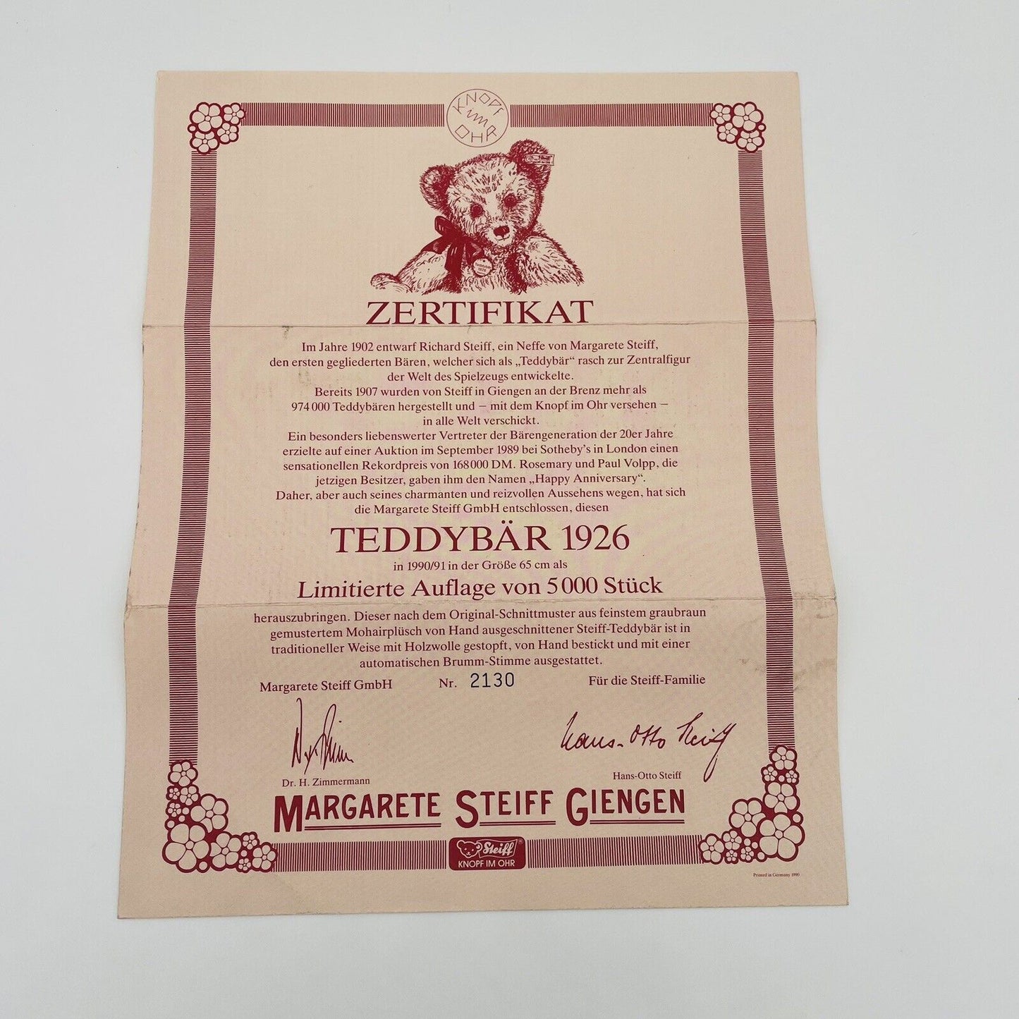 Steiff Teddybär 1926 Replica 407239 limitiert 5000 aus 1990 65cm Mohair