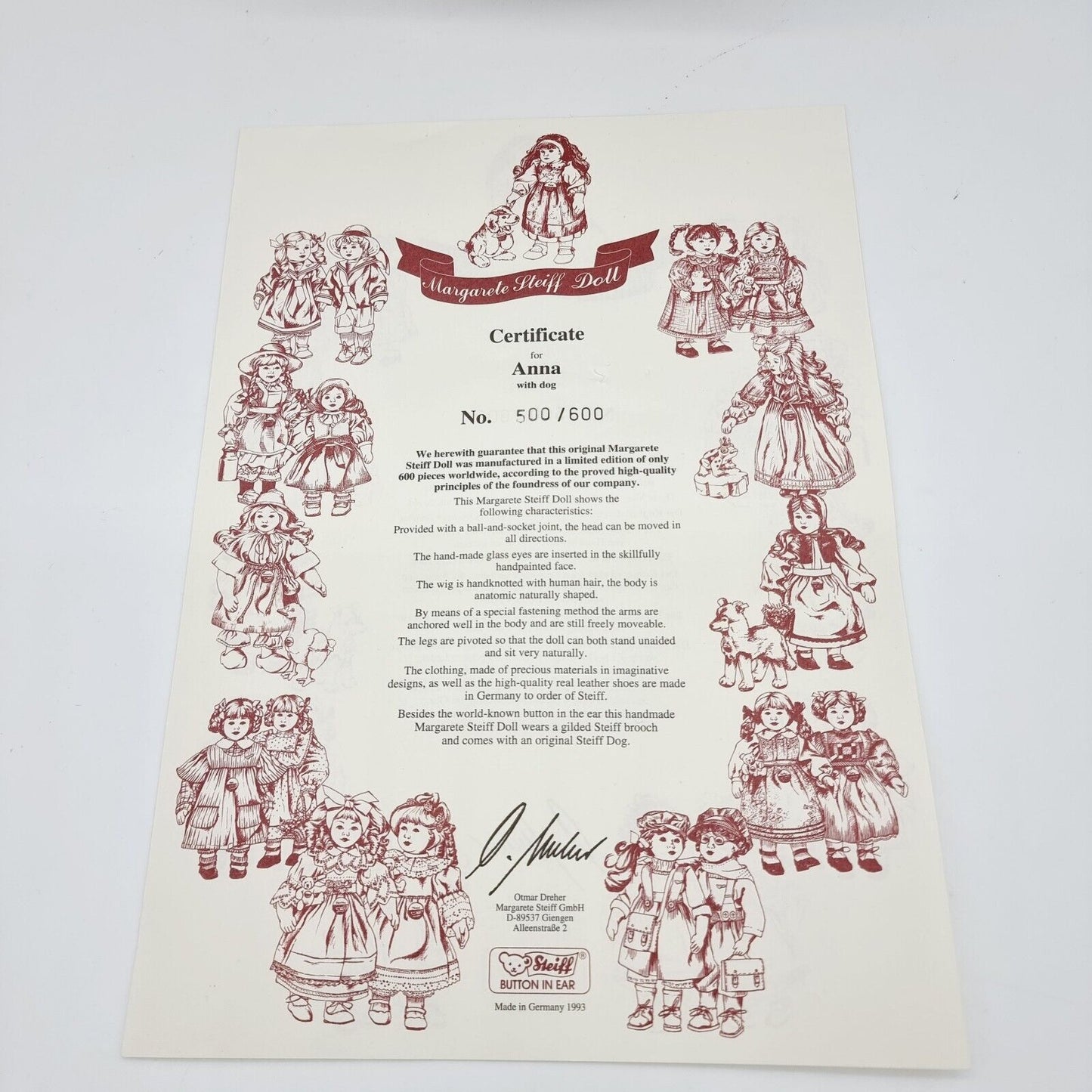 Nr. 500! Steiff 701085 Puppe Anna mit Hund limitiert 600 aus 1993