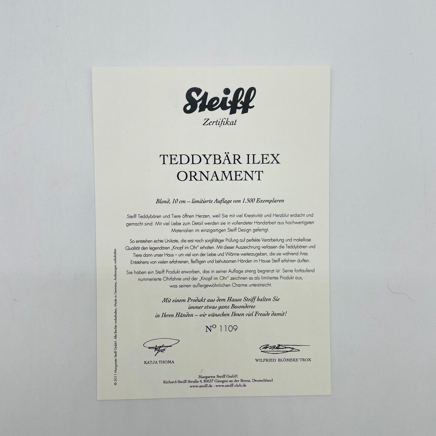 Steiff Teddybär Ilex Ornament 035975 limitiert 1500 aus 2011 10cm