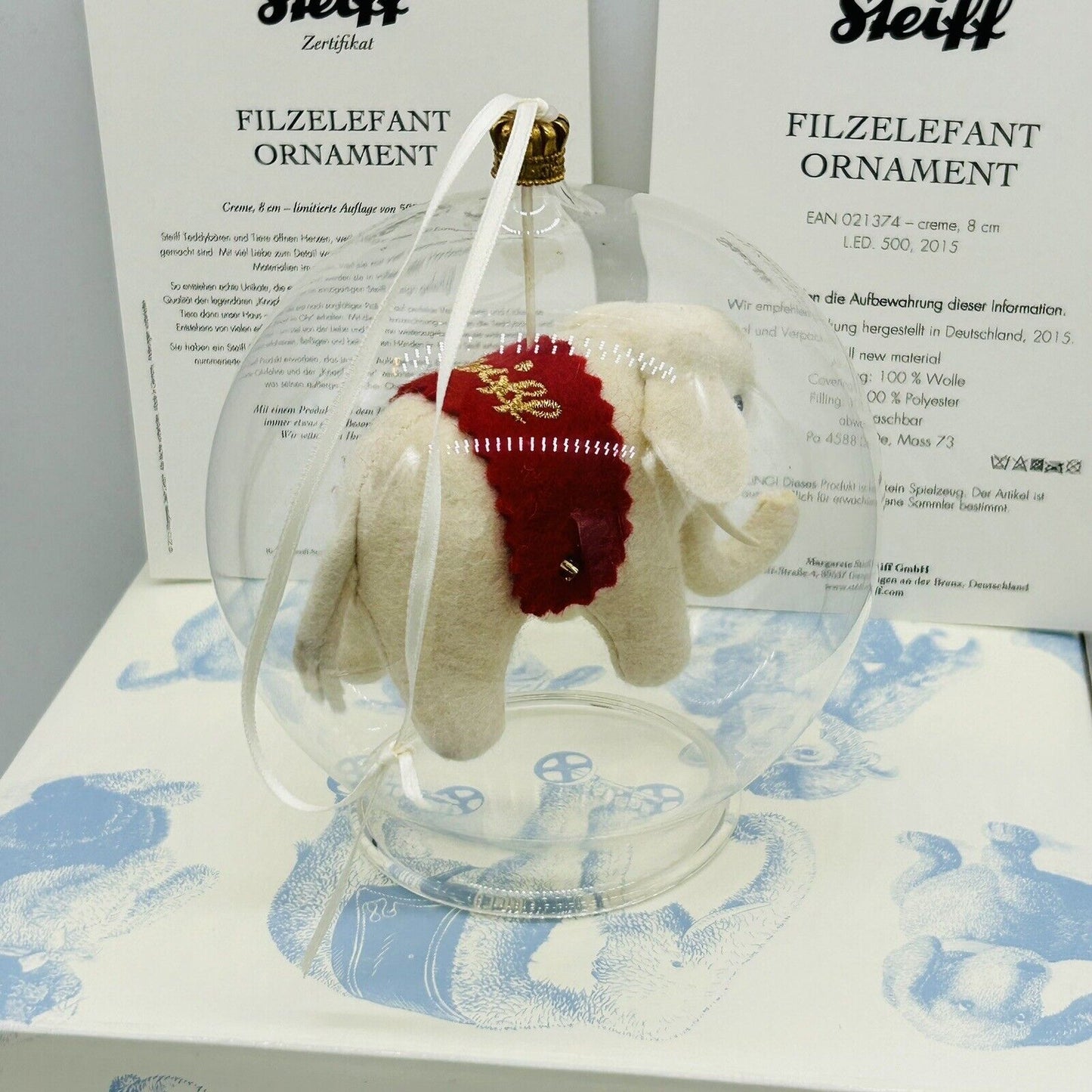 Steiff 021347 Ornament Filzelefant in Glaskugel limitiert 500 aus 2015 8 cm