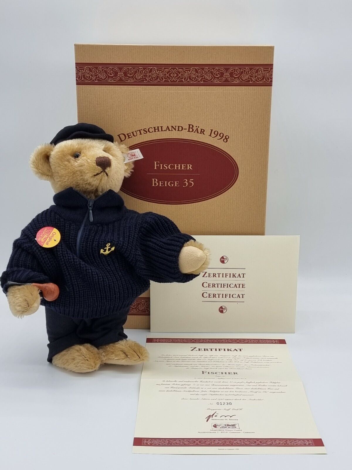 Steiff Teddybär Fischer 35 cm 1998 Zertifikat 670114 limitiert Brummstimme OVP