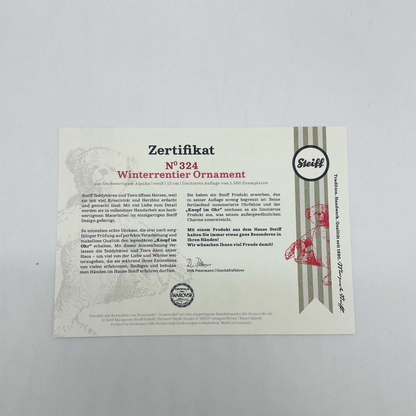 Steiff Ornament Winterrentier 006234 limitiert auf 1500 Stk. 12cm Swarovski