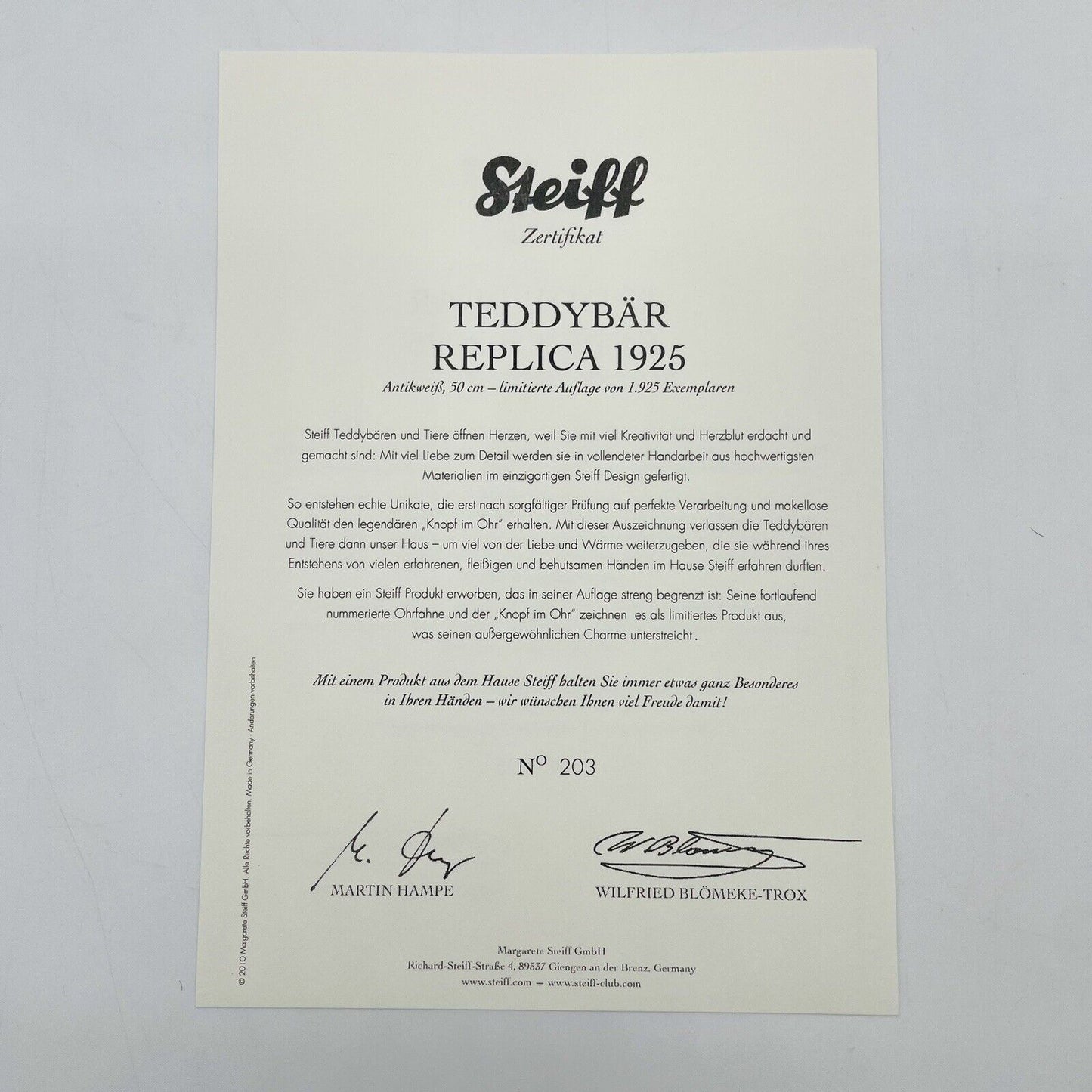 Steiff Teddybär Replica 1925 408786 limitiert 1925 aus 2010 50cm