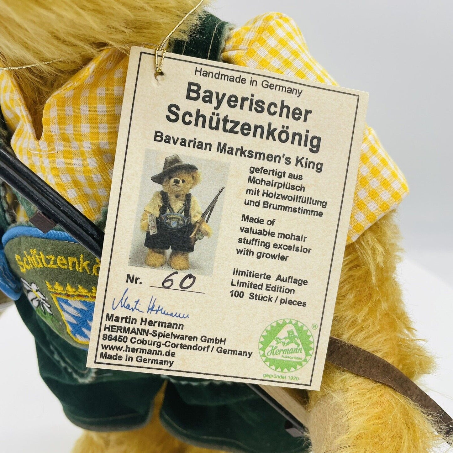 Hermann Coburg Teddybär Bayrischer Schützenkönig limitiert 100 36cm Mohair
