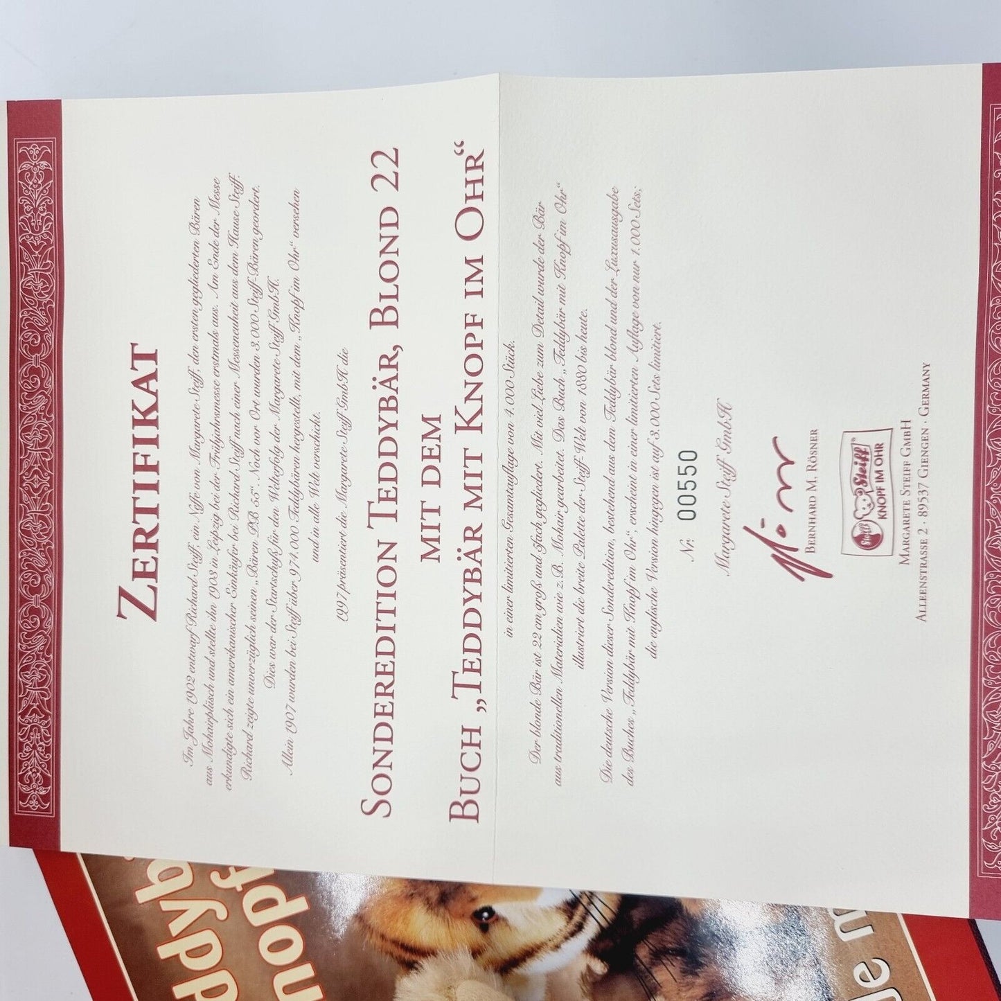 Steiff 670176 Teddybär blond mit Buch "Teddybär mit Knopf im Ohr limitiert 1000