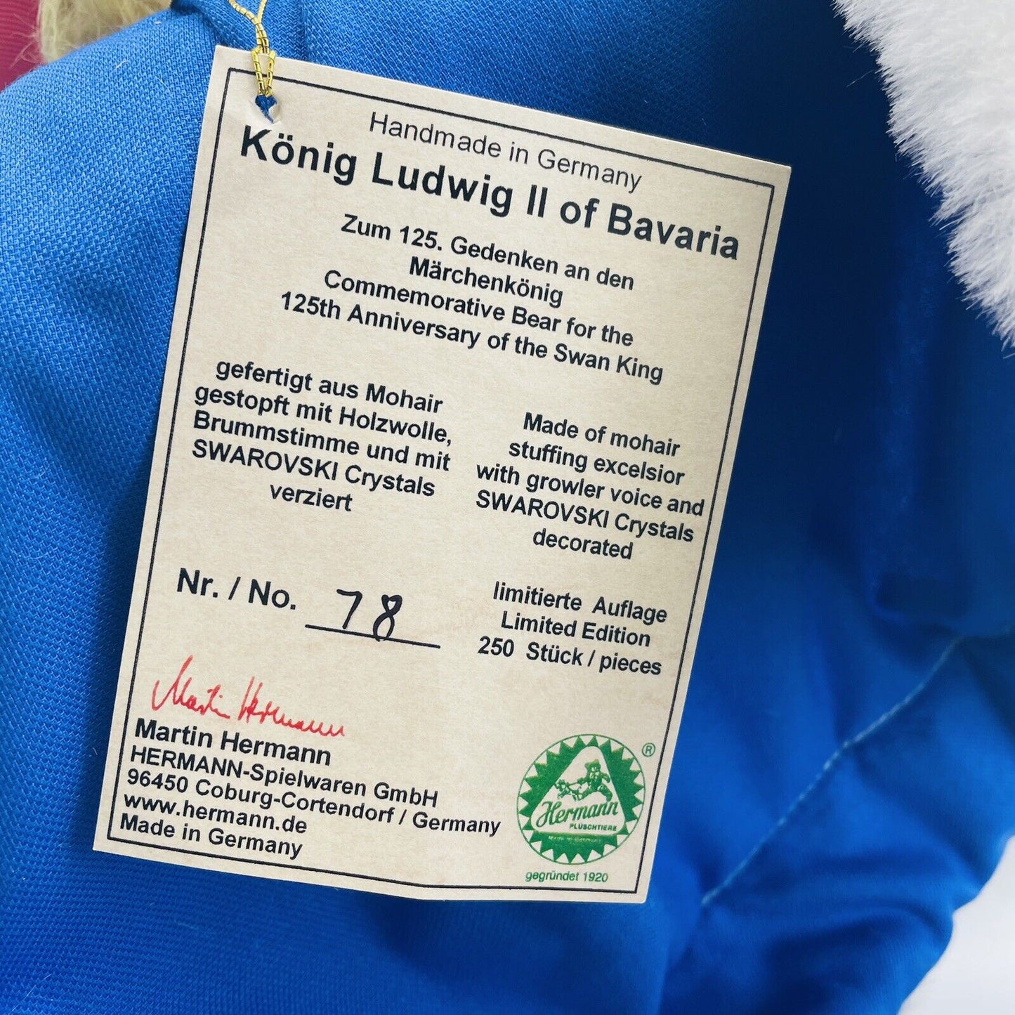 Hermann Coburg Teddybär König Ludwig II von Bayern limitiert 250 35cm