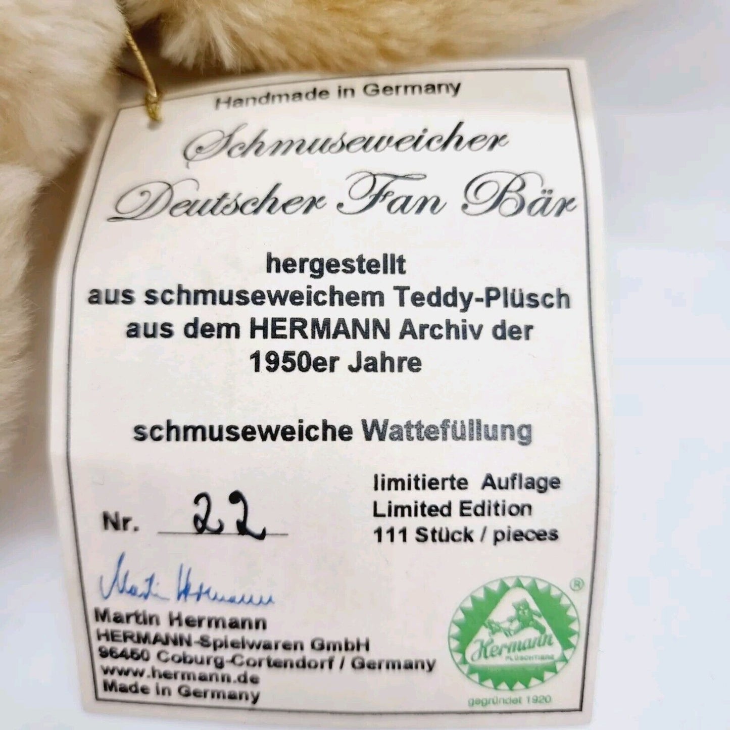 Hermann Schmuseweicher Deutscher Fan Teddybär Wattefüllung limitiert 111 Stück