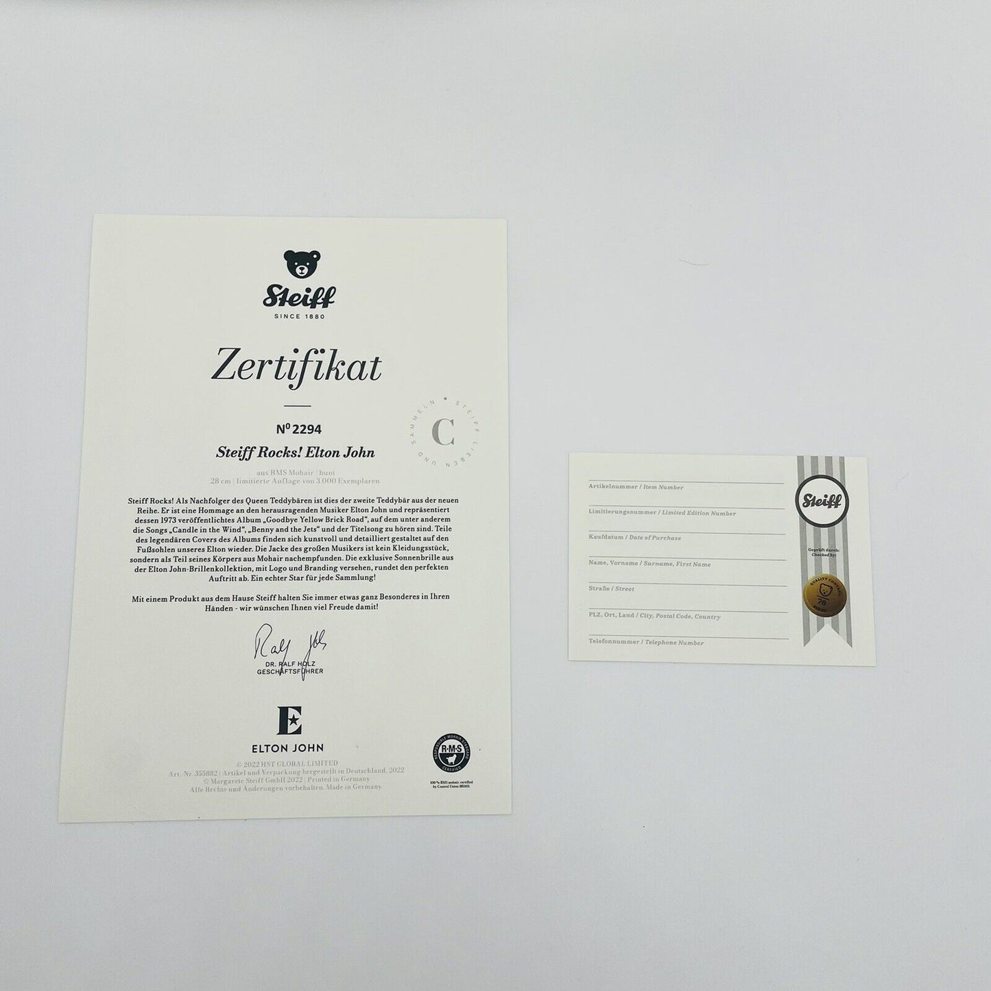 Steiff Teddybär Rocks! Elton John 355882 limitiert 3000 aus 2022 28cm